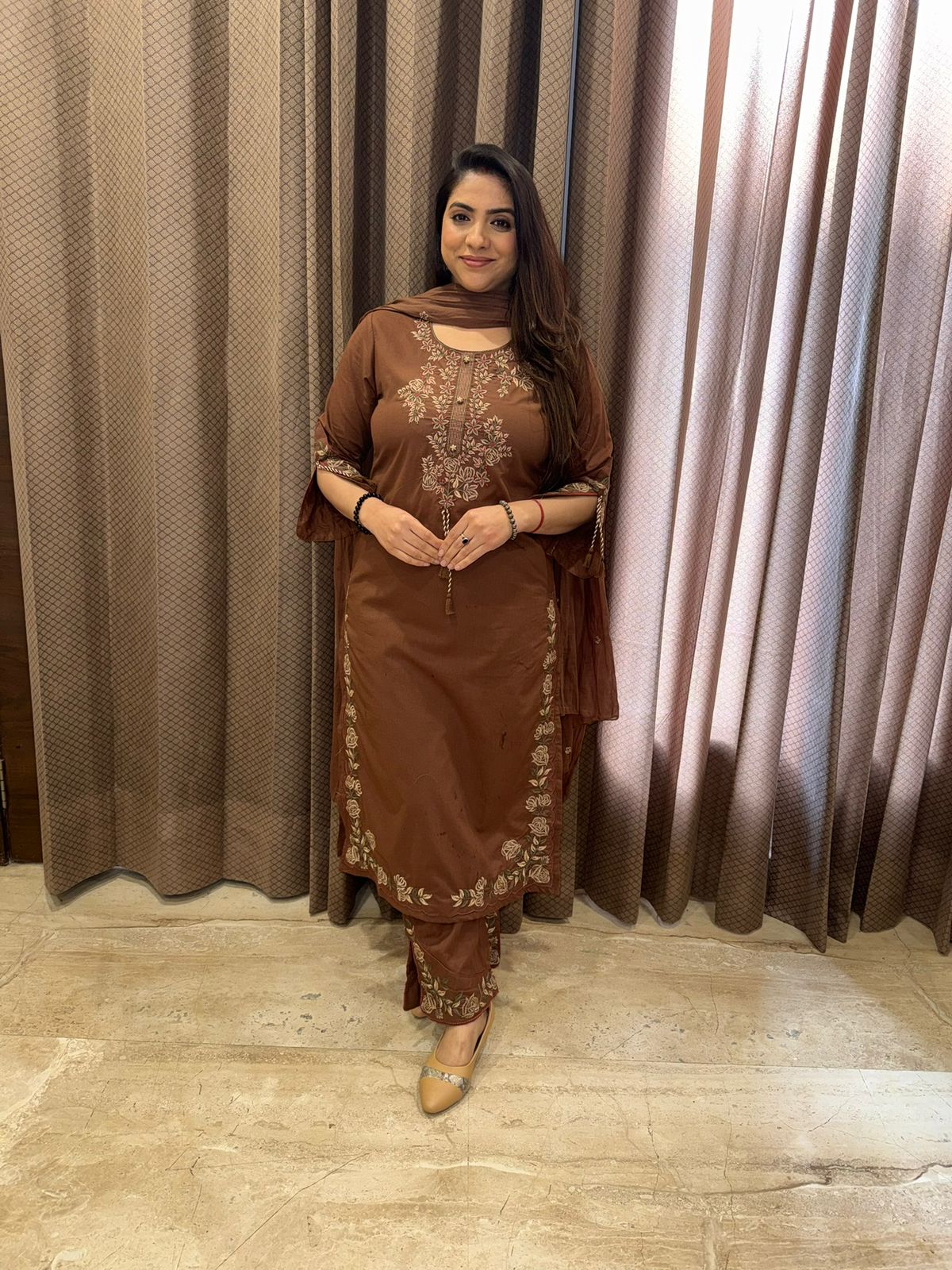 Brown Embroidered kurta set with dupatta