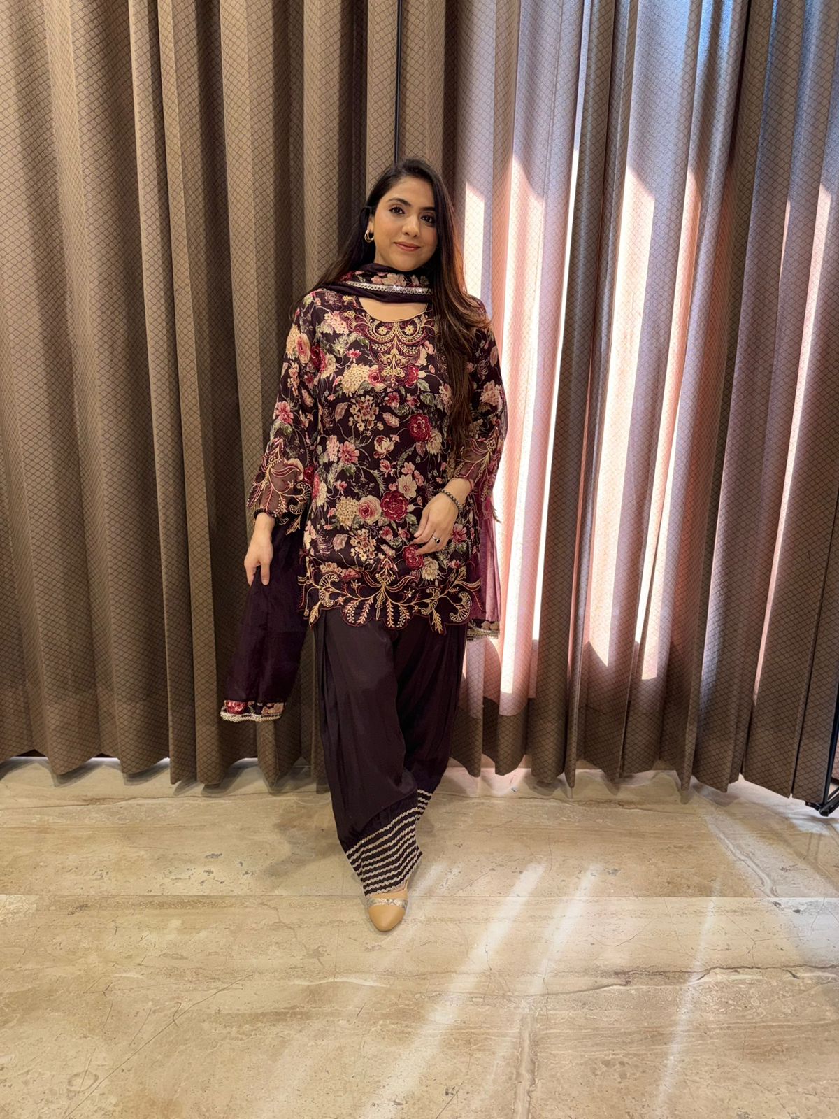 Wine Floral Embroidered Farshi Set with Dupatta