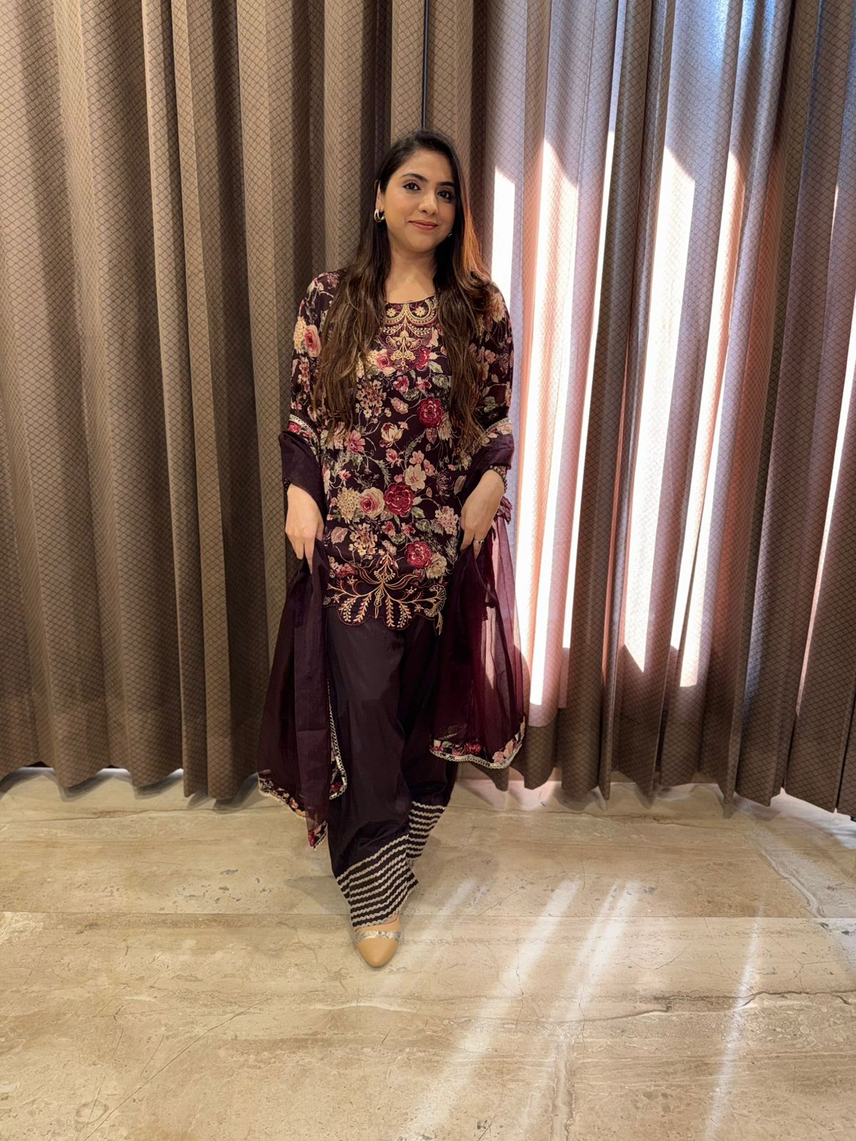 Wine Floral Embroidered Farshi Set with Dupatta