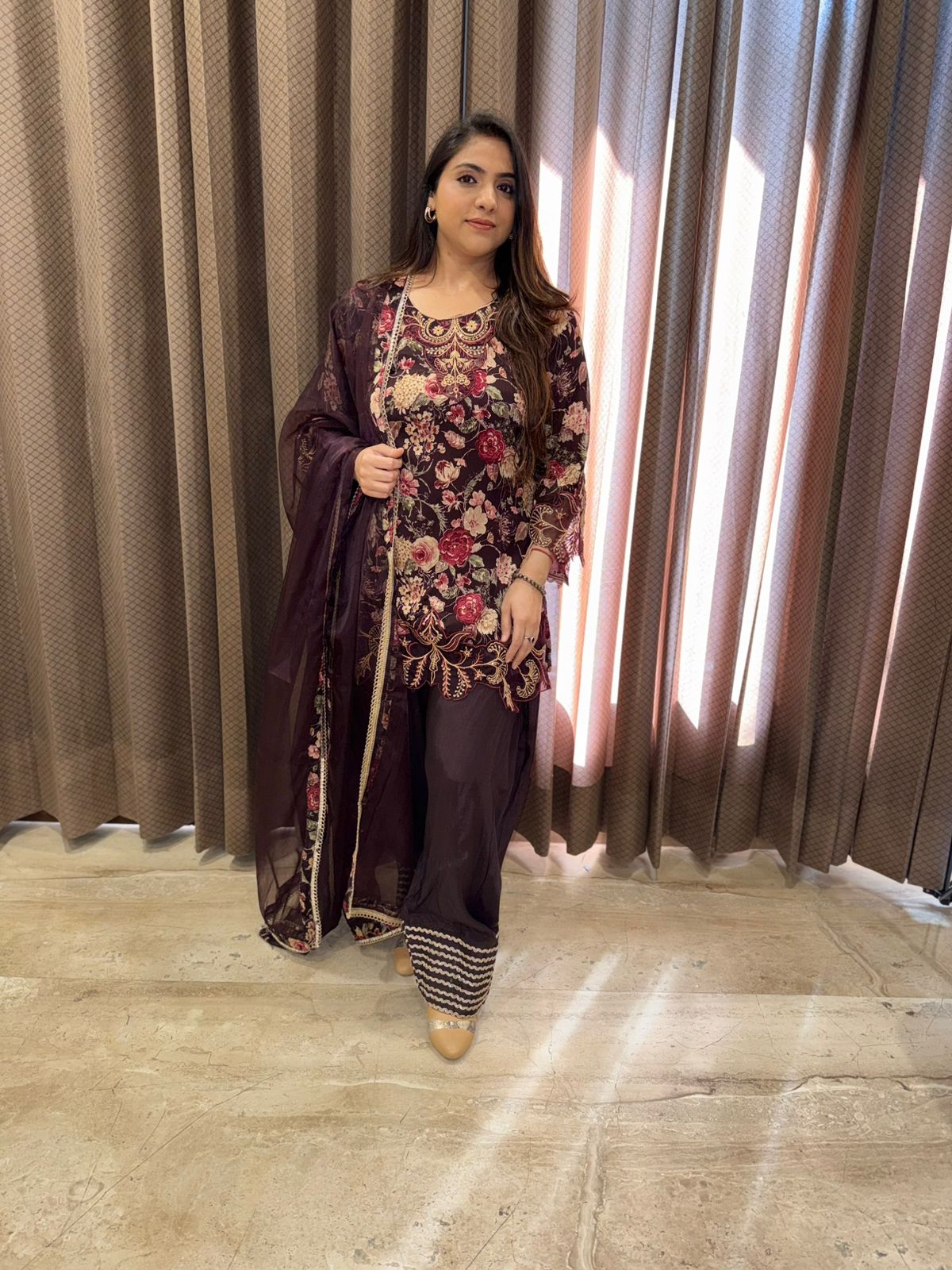 Wine Floral Embroidered Farshi Set with Dupatta