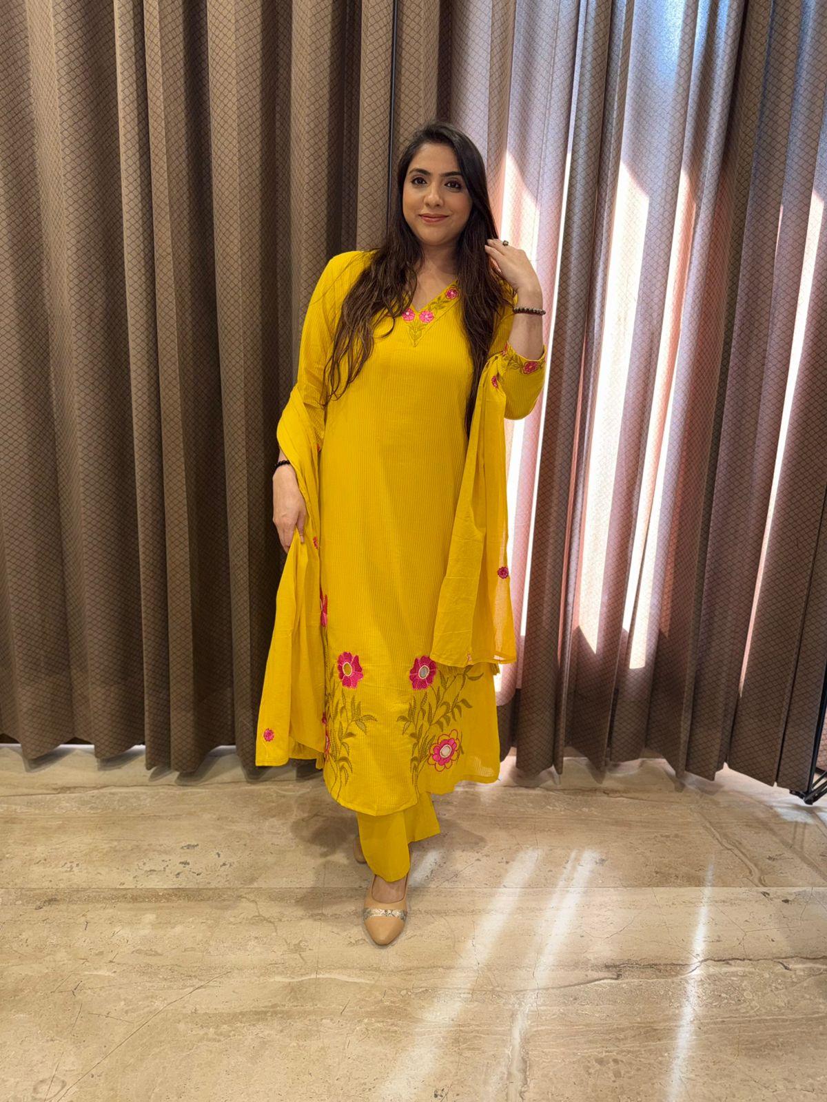 Yellow Floral Embroidered Kurta Set with Dupatta