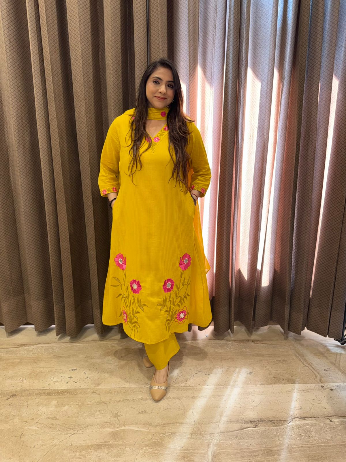 Yellow Floral Embroidered Kurta Set with Dupatta