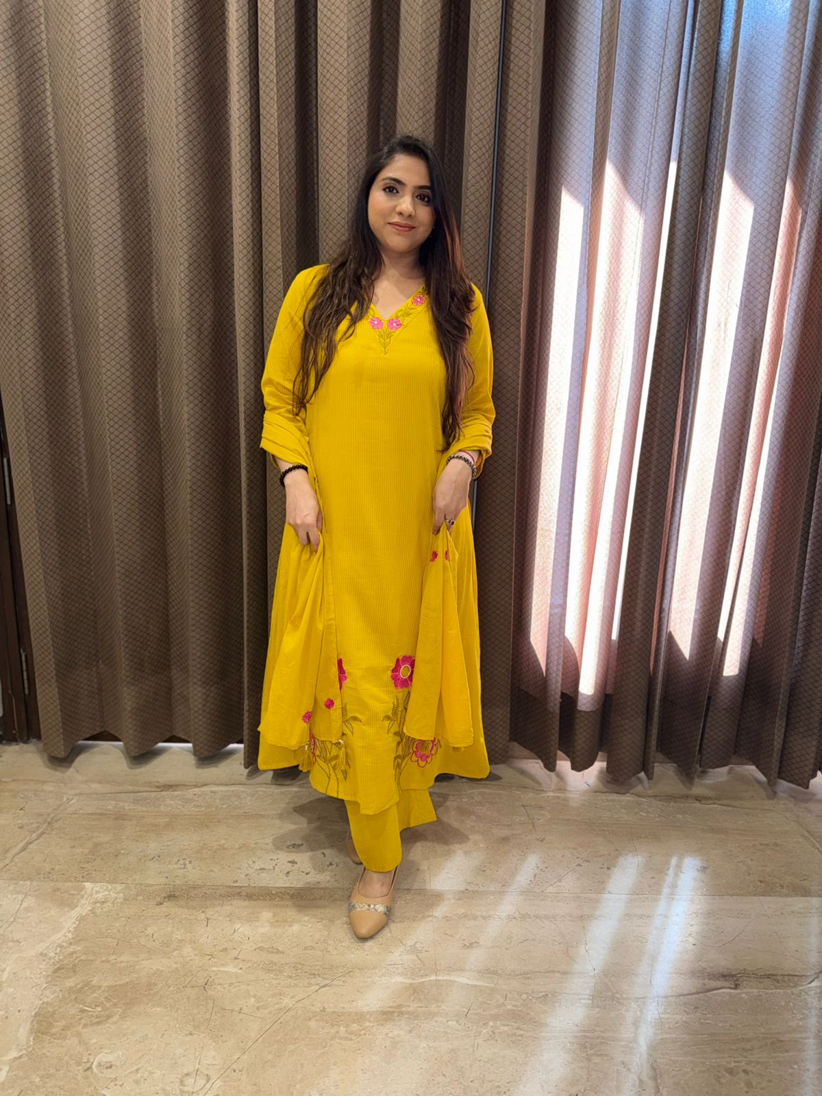 Yellow Floral Embroidered Kurta Set with Dupatta
