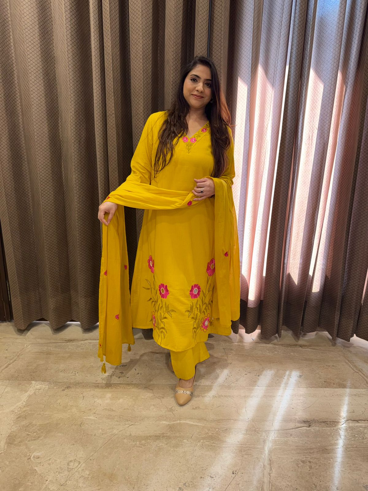 Yellow Floral Embroidered Kurta Set with Dupatta