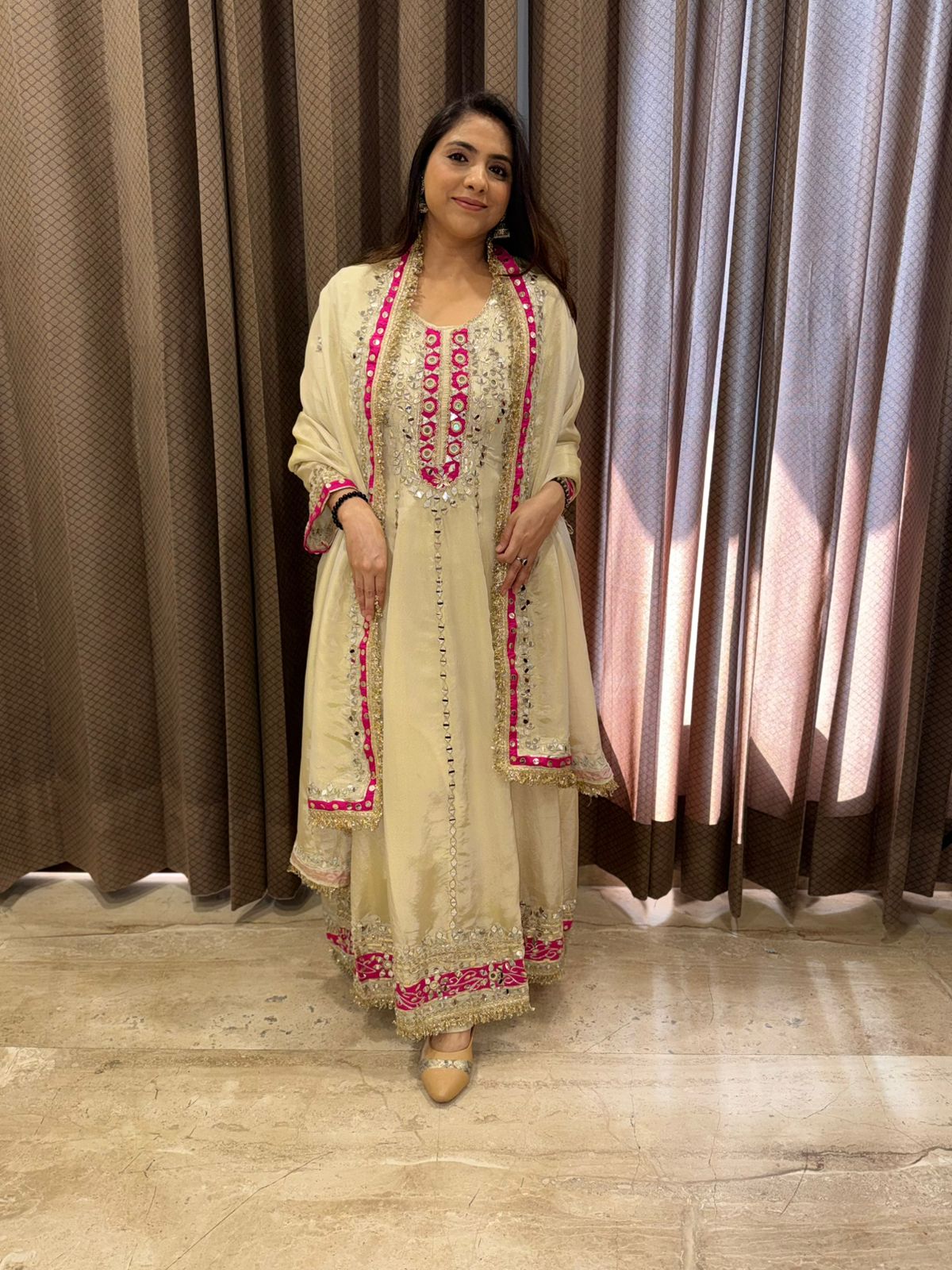 Ivory & Pink Designer Handwork Anarkali Set with dupatta