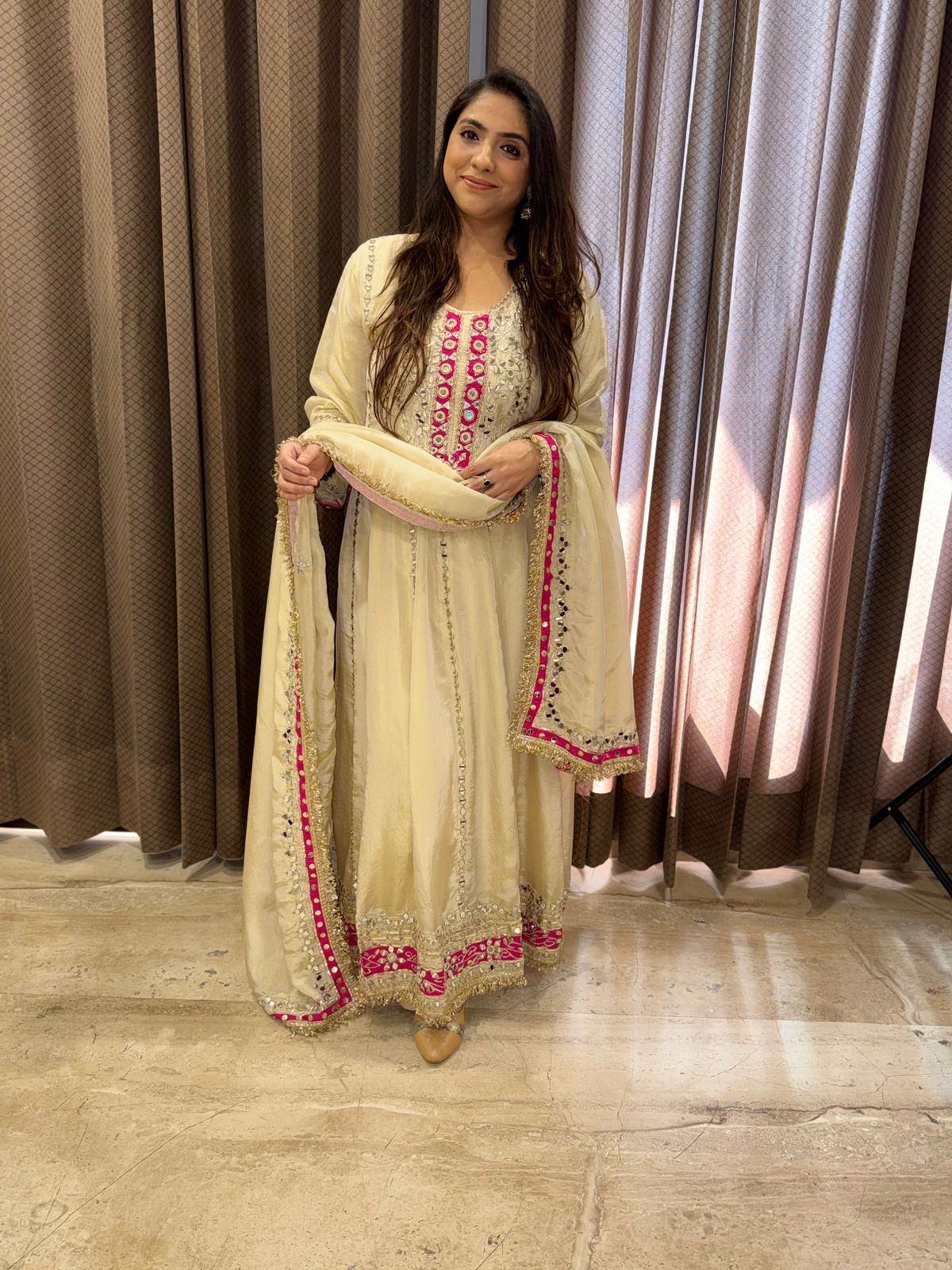 Ivory & Pink Designer Handwork Anarkali Set with dupatta