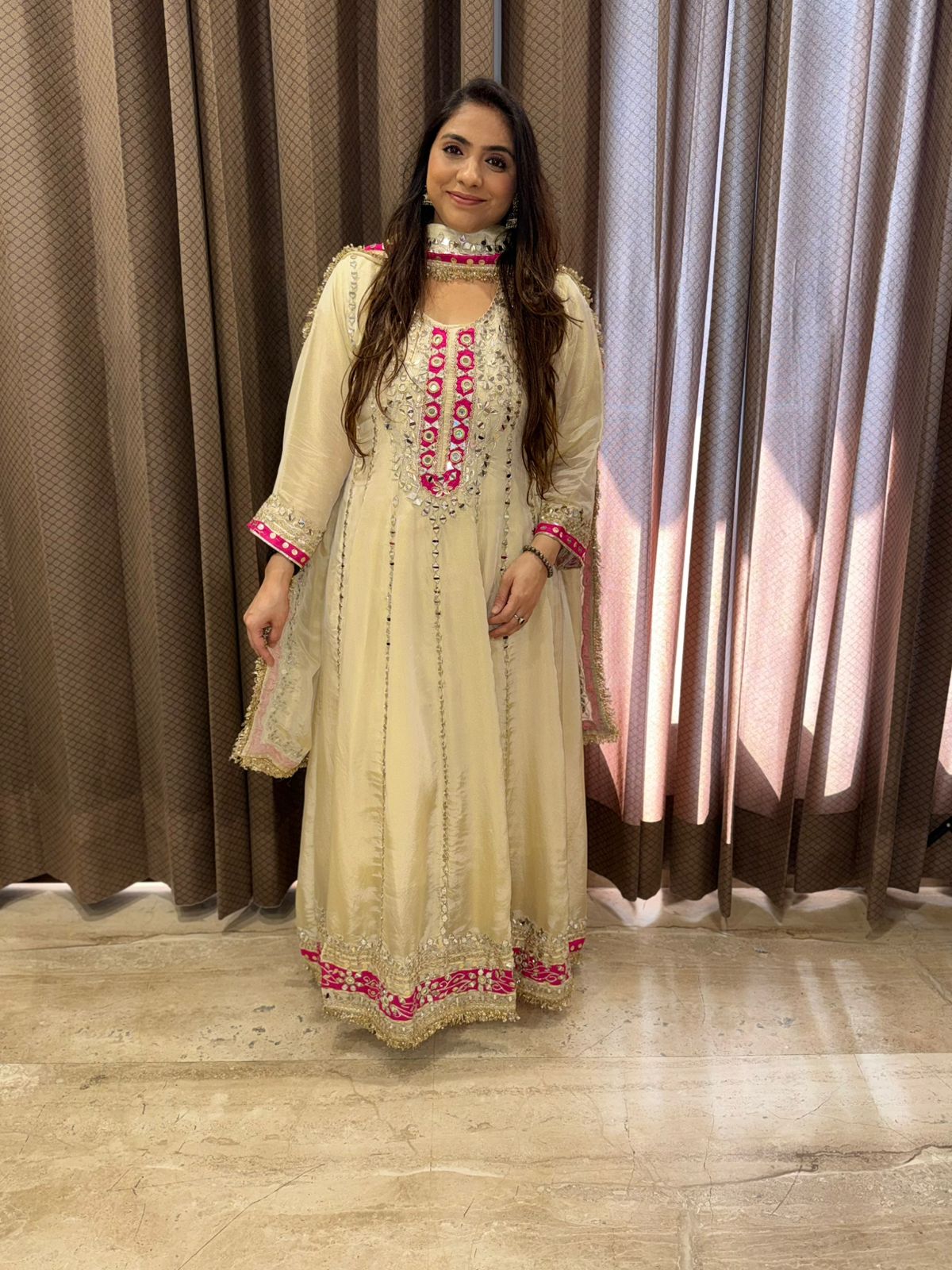 Ivory & Pink Designer Handwork Anarkali Set with dupatta