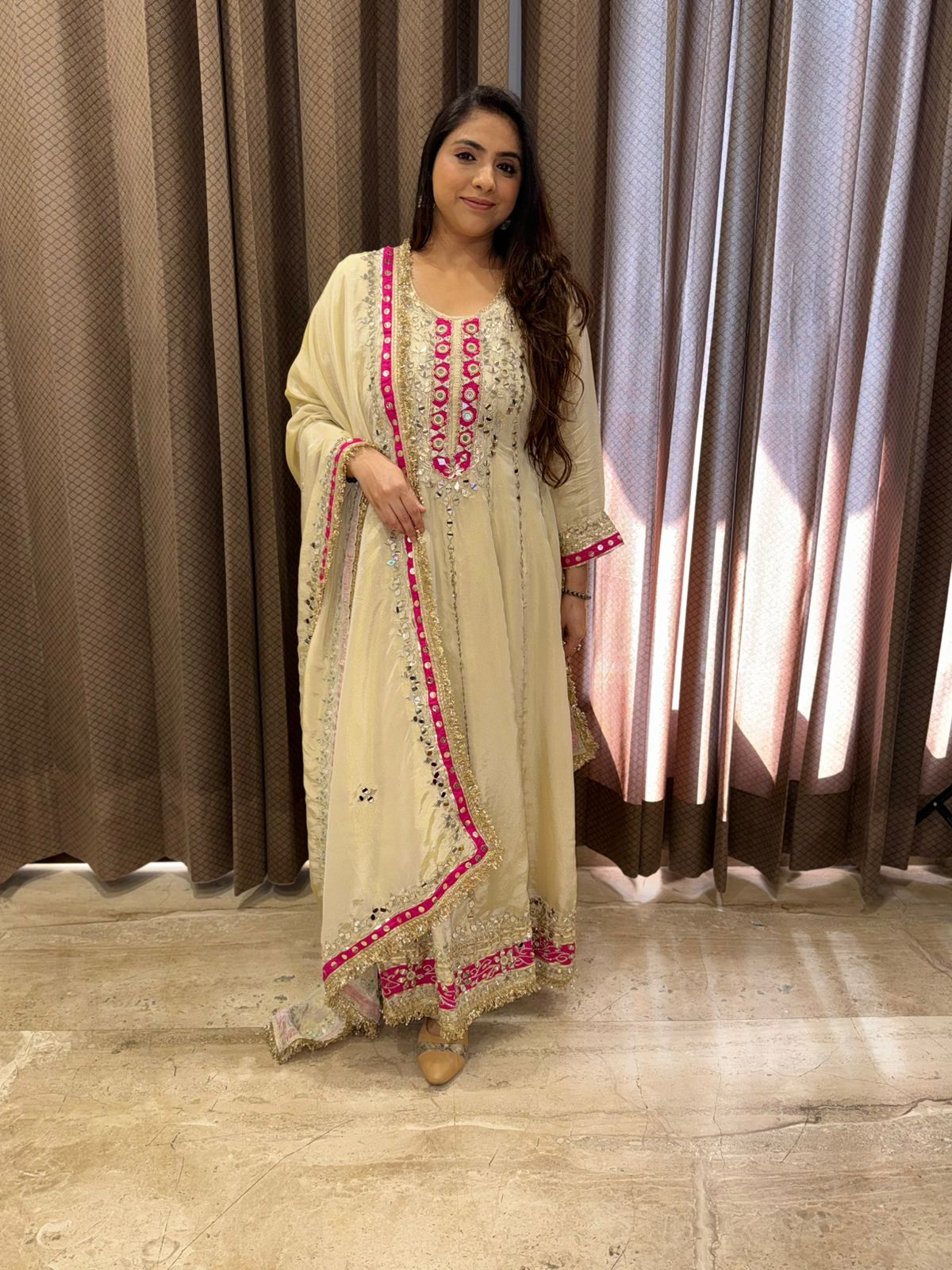 Ivory & Pink Designer Handwork Anarkali Set with dupatta