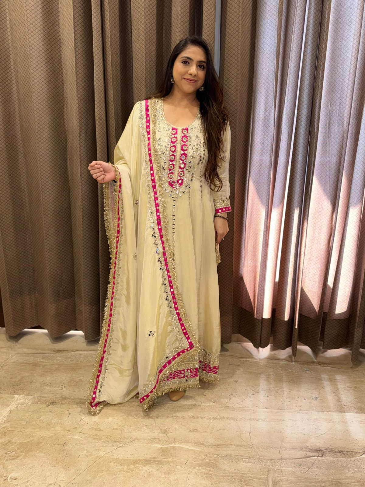Ivory & Pink Designer Handwork Anarkali Set with dupatta