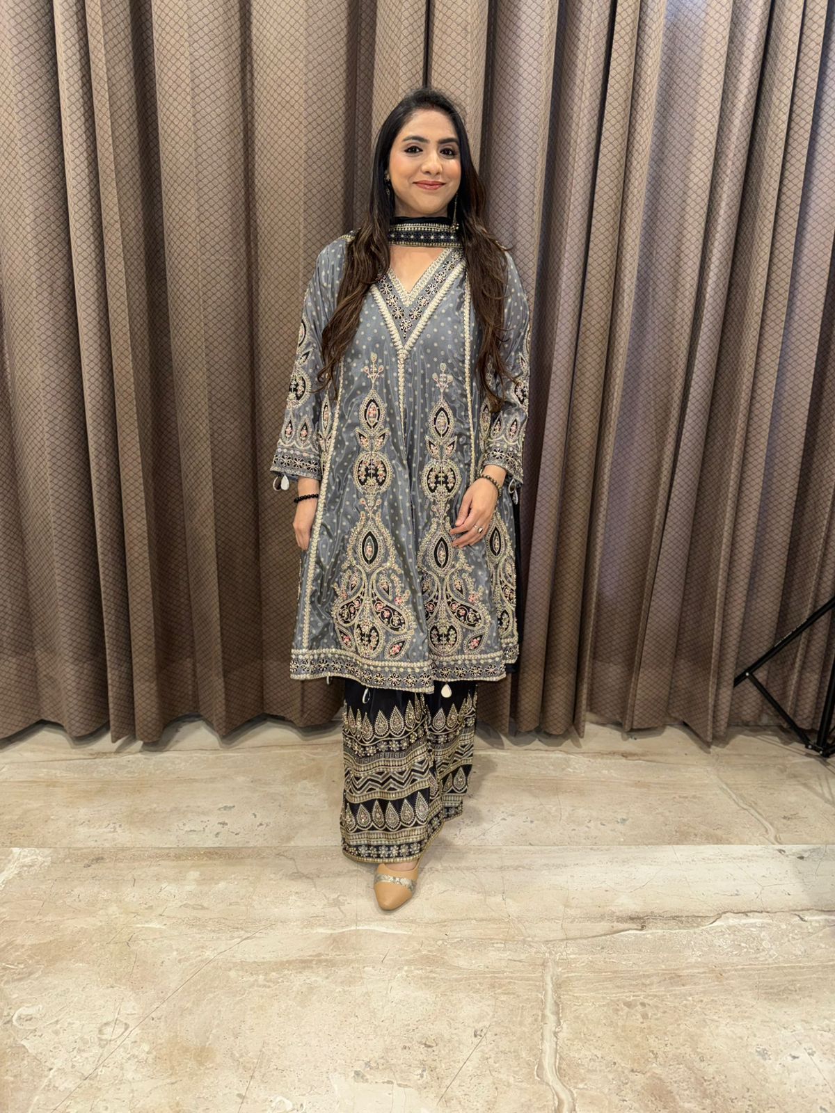 Smoky Grey Designer Kurta Set with Heavy Hnadwork & Statement Palazzo Pants