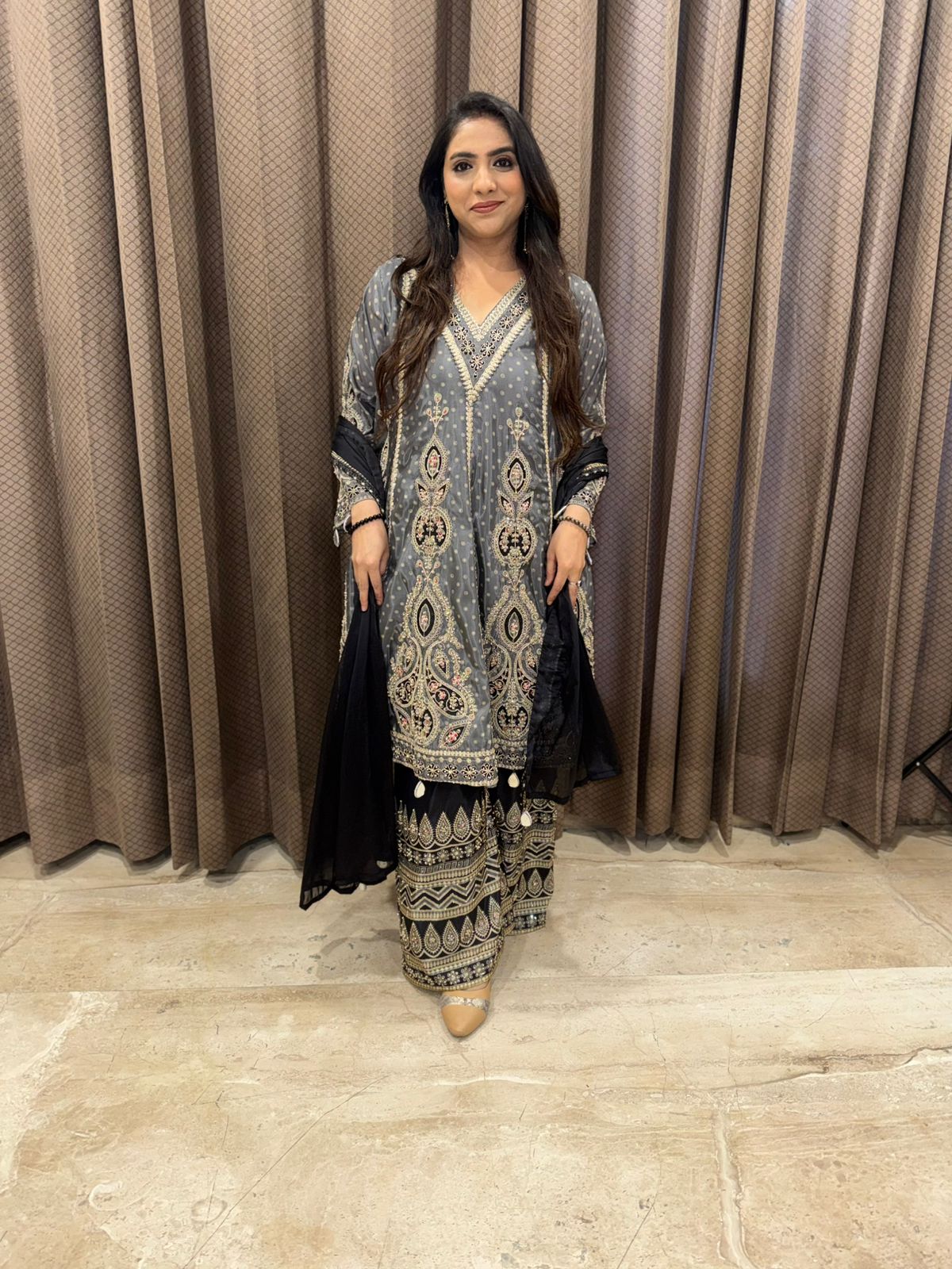 Smoky Grey Designer Kurta Set with Heavy Hnadwork & Statement Palazzo Pants