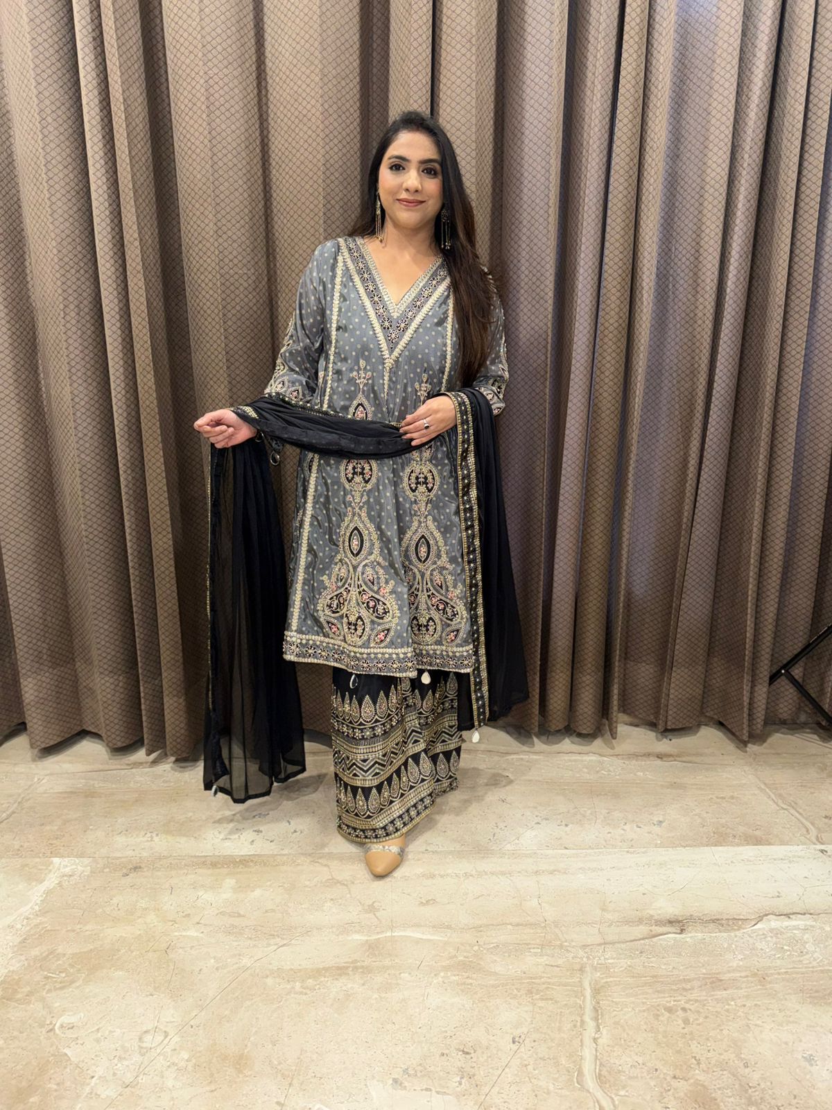 Smoky Grey Designer Kurta Set with Heavy Hnadwork & Statement Palazzo Pants