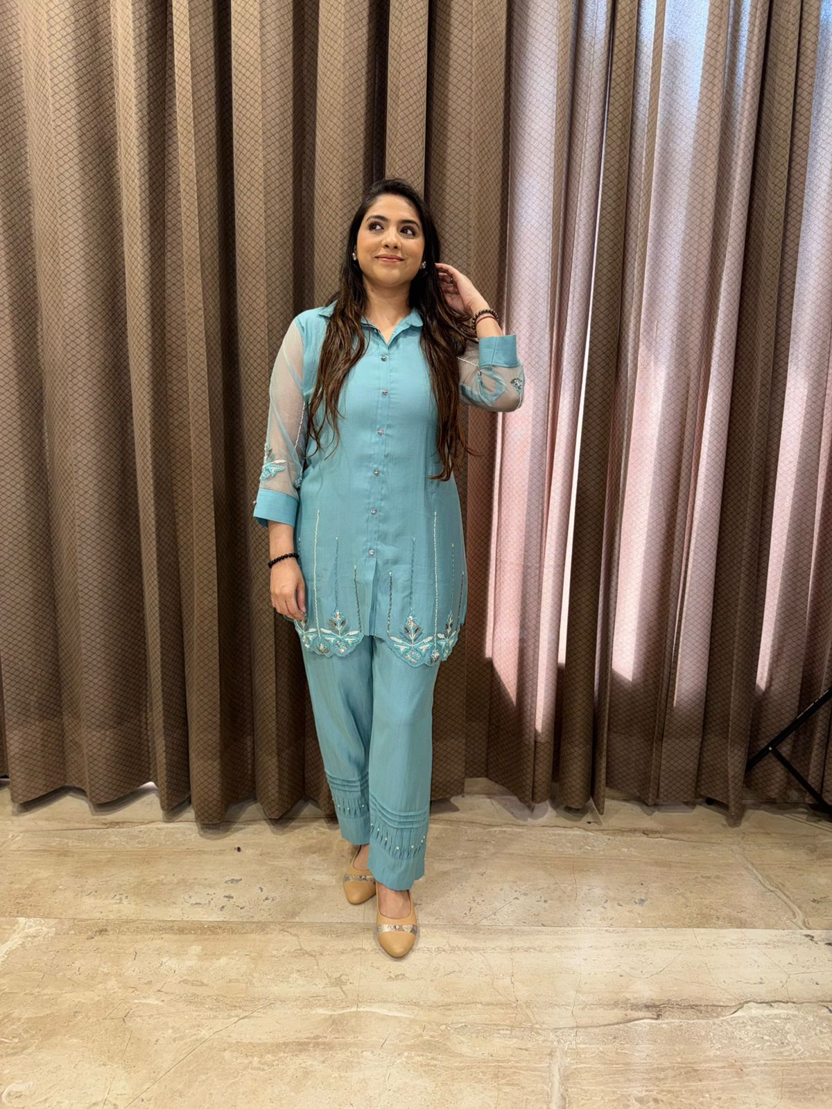 Mint Blue Co-ord Set with Modern Cut & Minimal Hnadwork