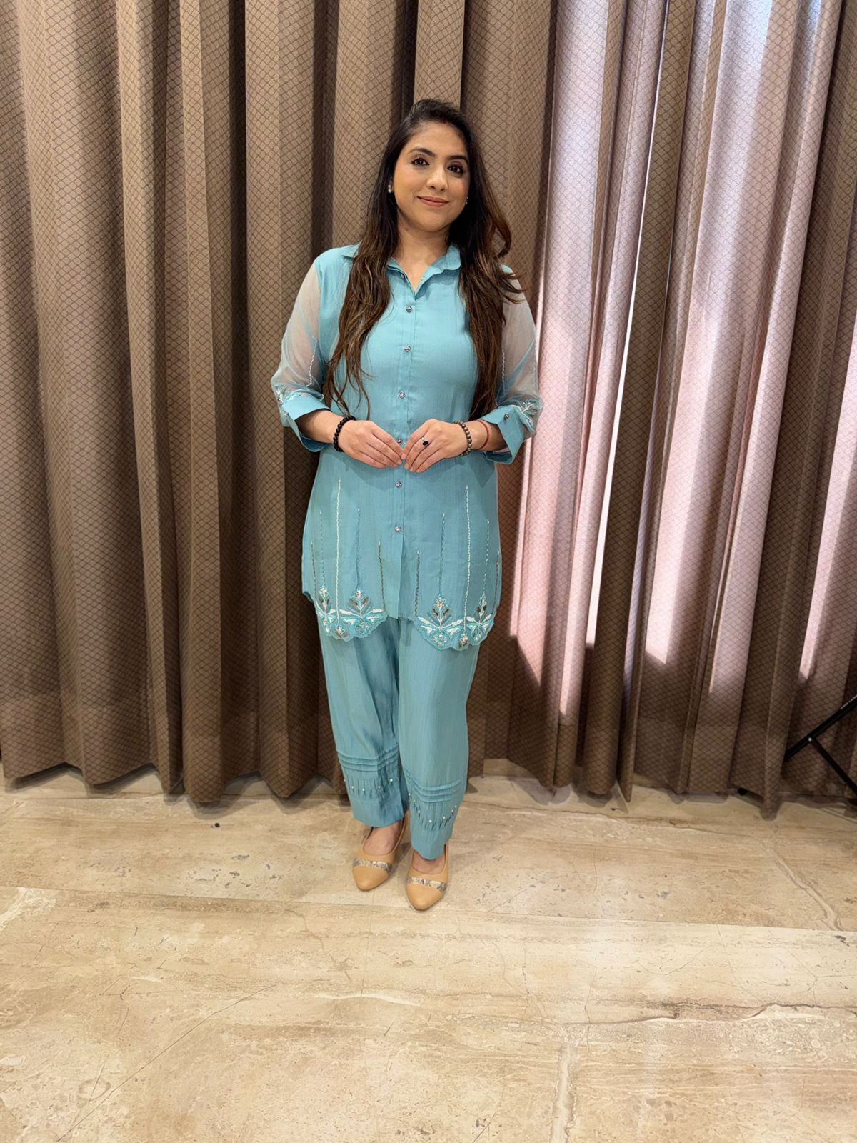 Mint Blue Co-ord Set with Modern Cut & Minimal Hnadwork