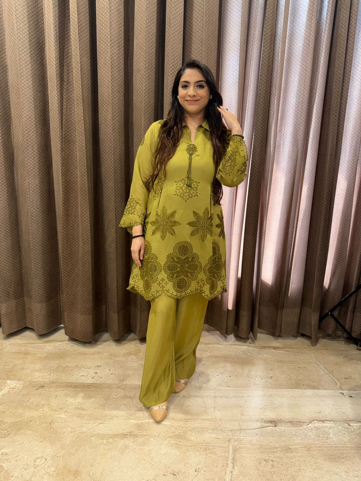 Elegant Green Laser Cutwork Co-ord set