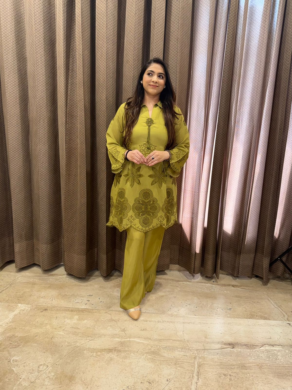 Elegant Green Laser Cutwork Co-ord set