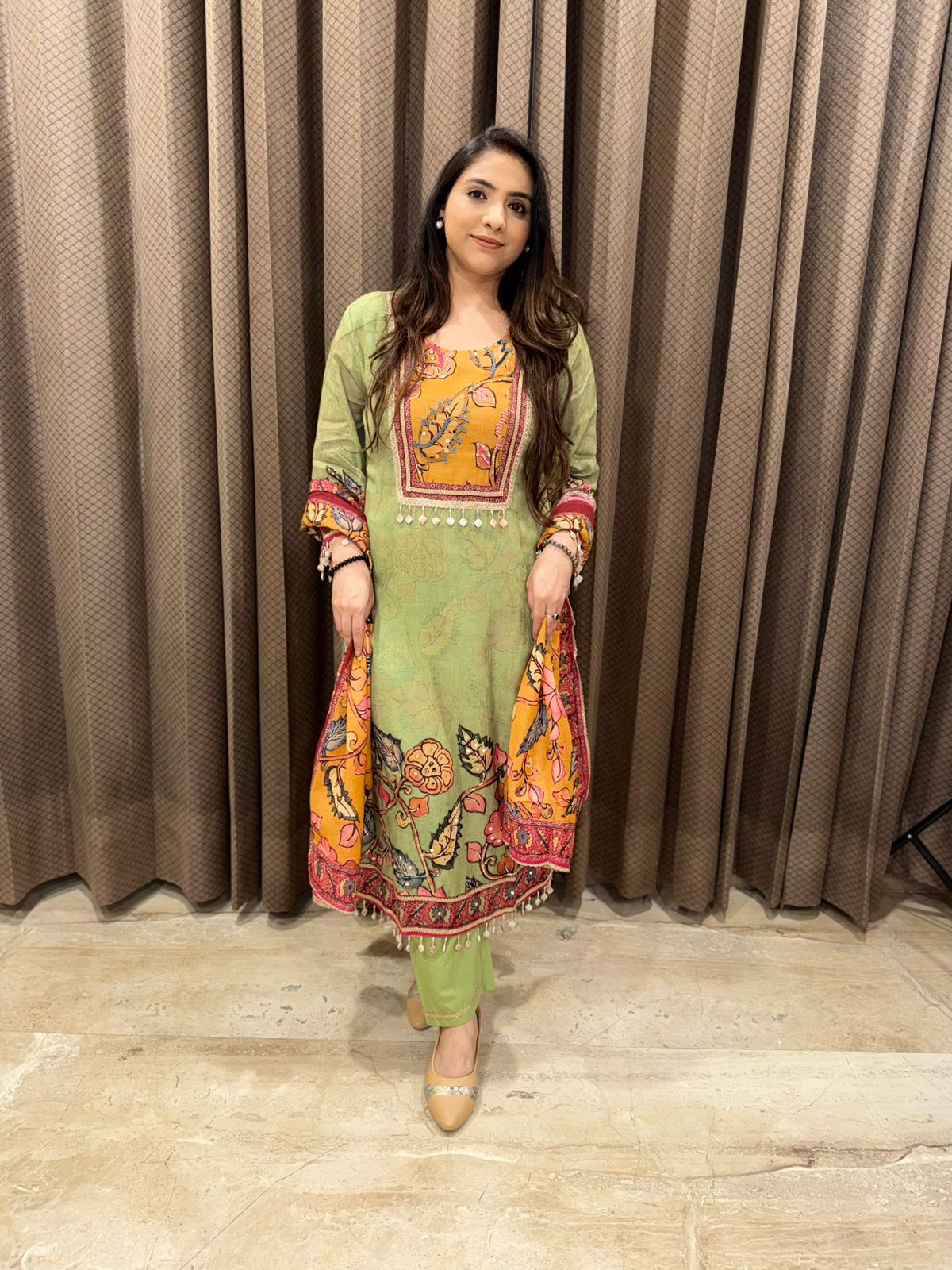 Pista Green & Mustard Floral Printed Kurta Set with Contrast Dupatta