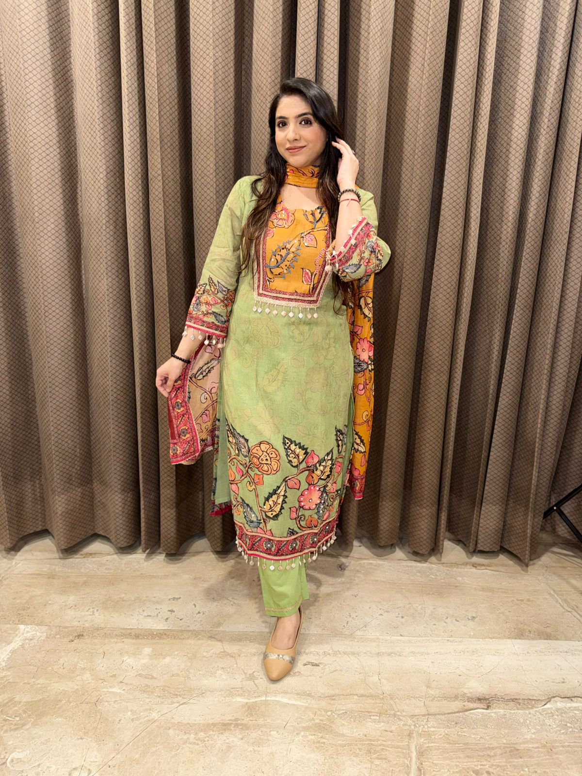 Pista Green & Mustard Floral Printed Kurta Set with Contrast Dupatta
