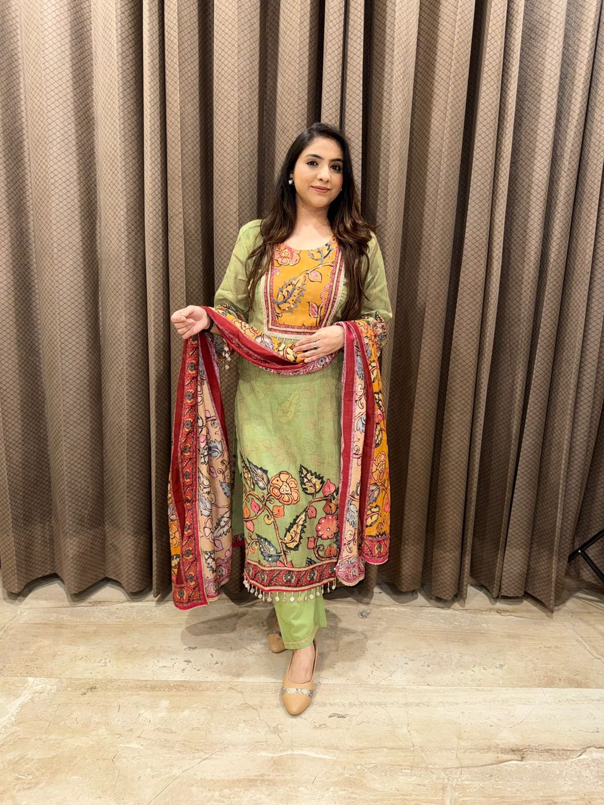 Pista Green & Mustard Floral Printed Kurta Set with Contrast Dupatta