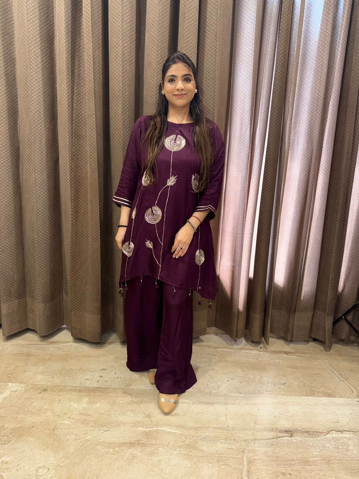 Wine Asymmetric Handwork Co-ord Set with Plazoo Pants