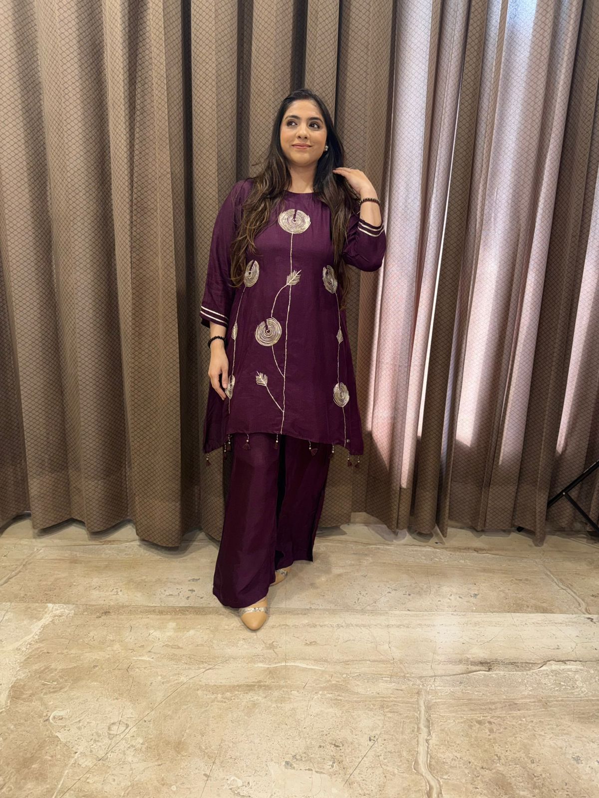Wine Asymmetric Handwork Co-ord Set with Plazoo Pants