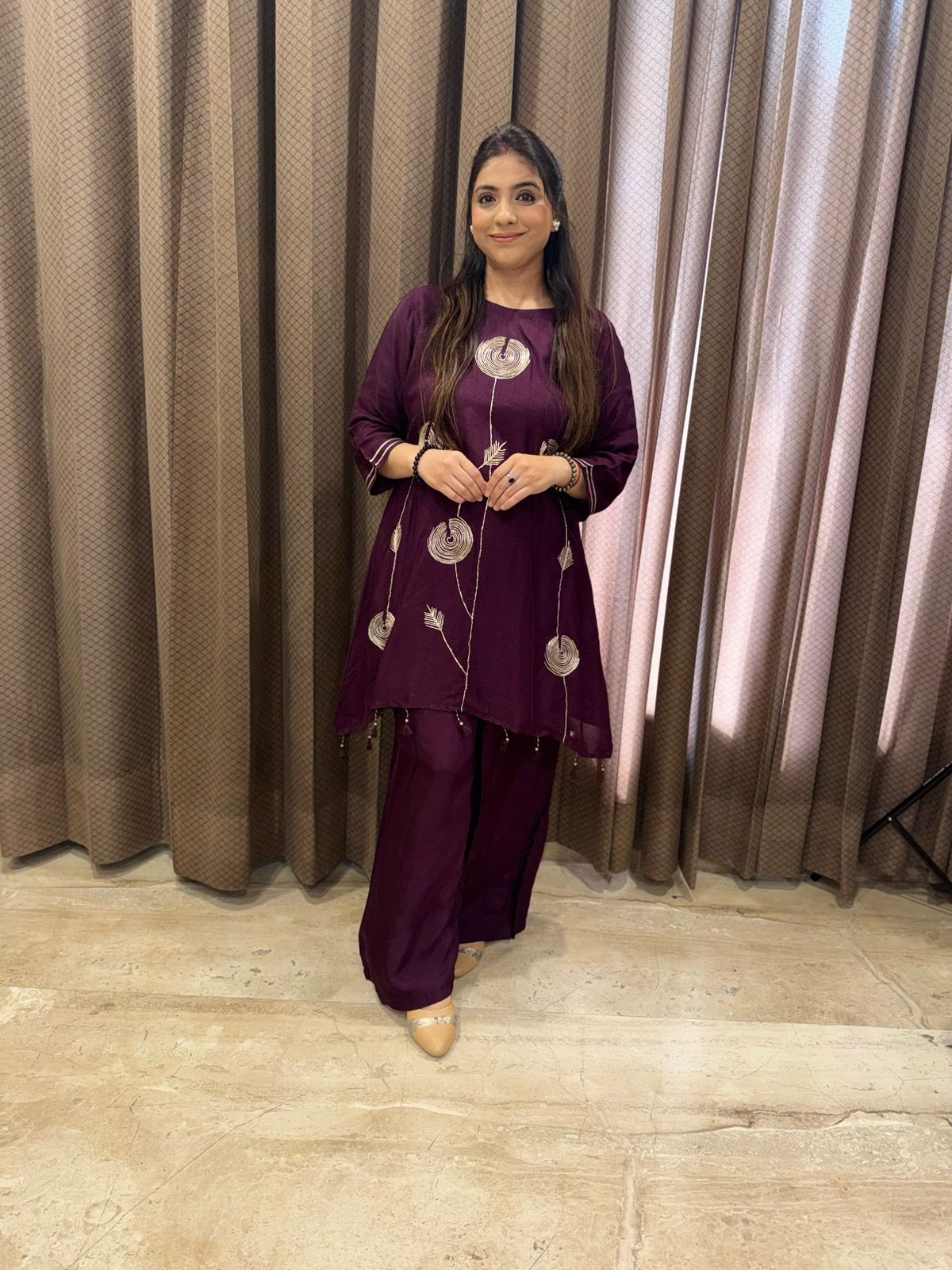 Wine Asymmetric Handwork Co-ord Set with Plazoo Pants