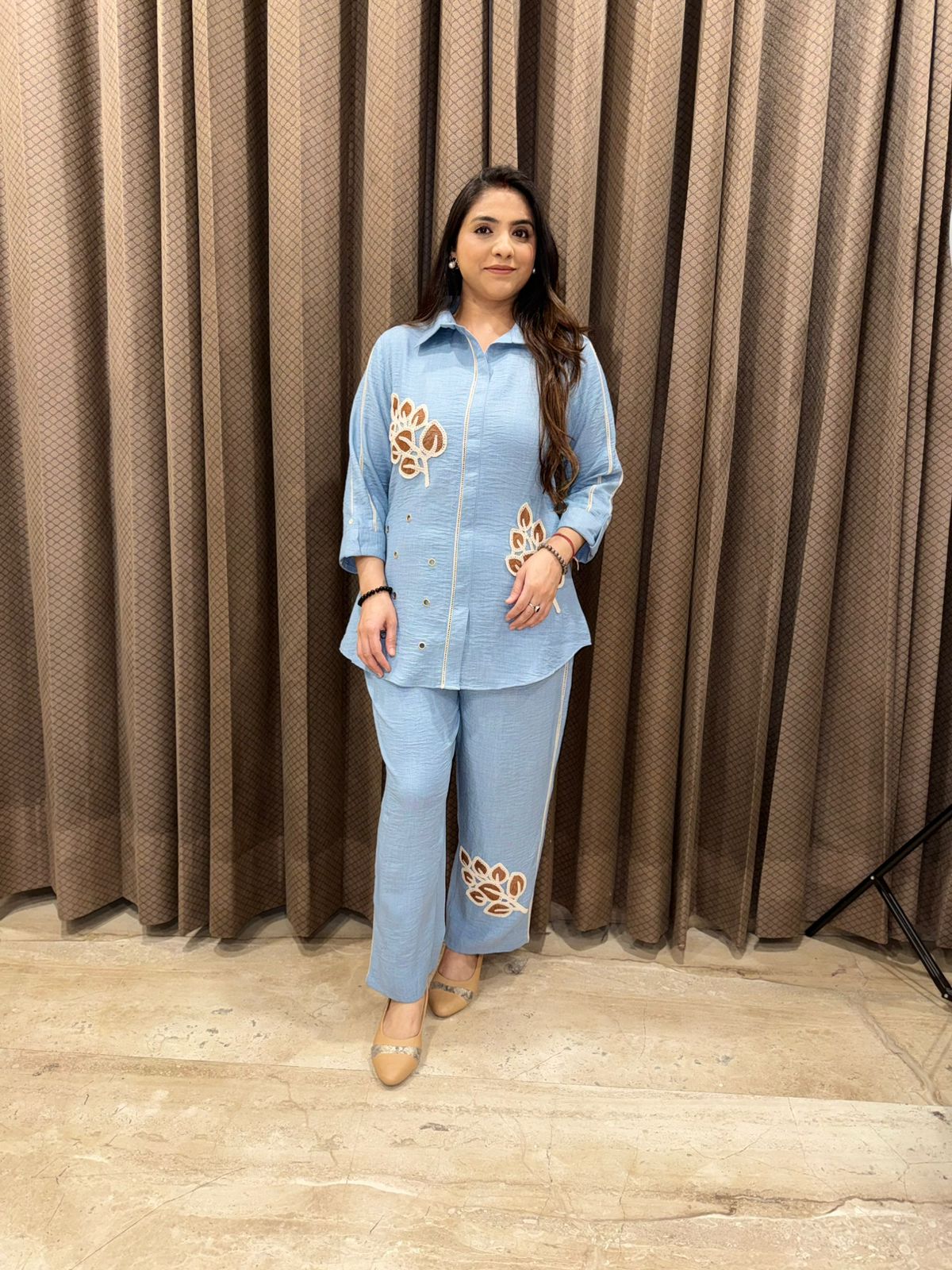 Powder Blue Floral Appliqué Co-Ord Set with Shirt & Straight Pants