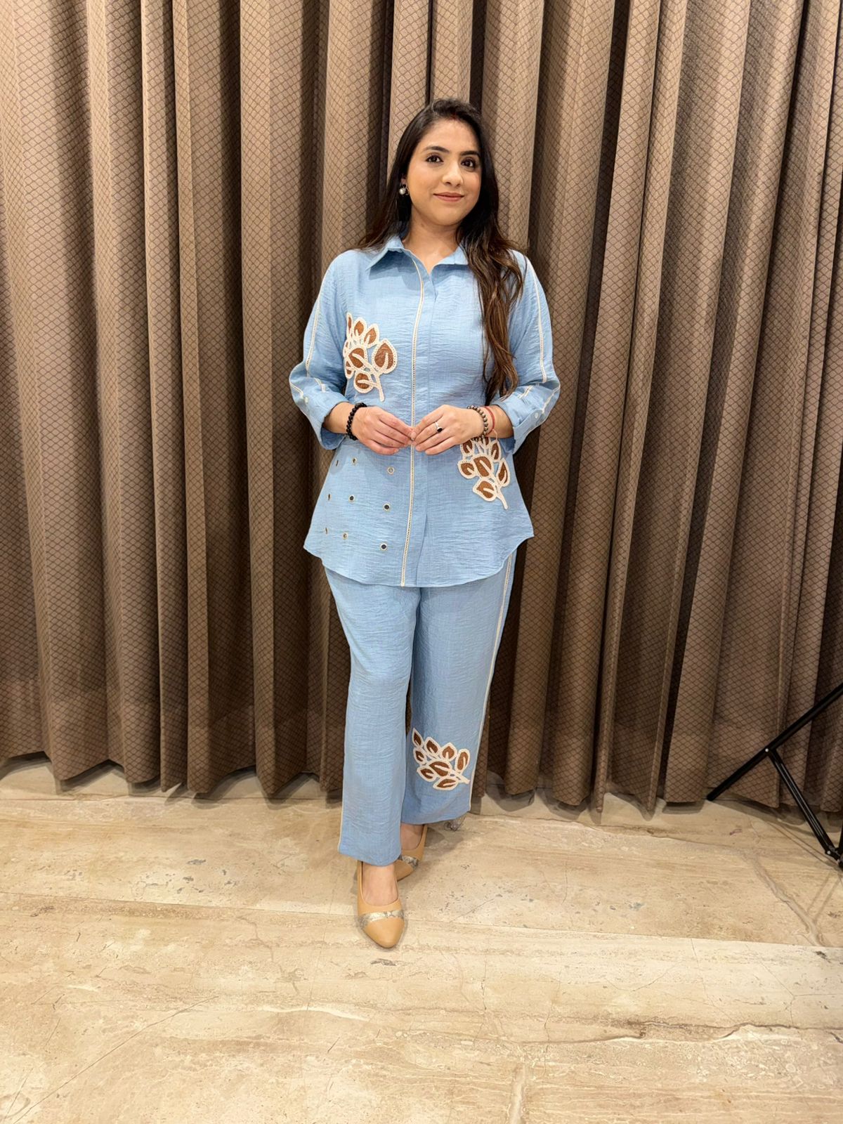 Powder Blue Floral Appliqué Co-Ord Set with Shirt & Straight Pants