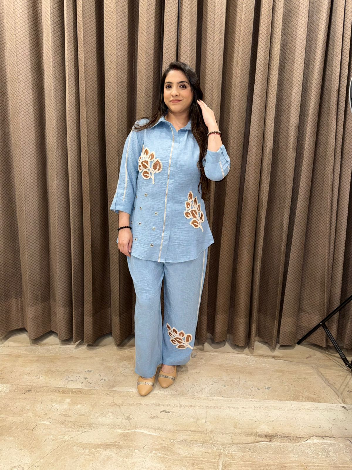 Powder Blue Floral Appliqué Co-Ord Set with Shirt & Straight Pants