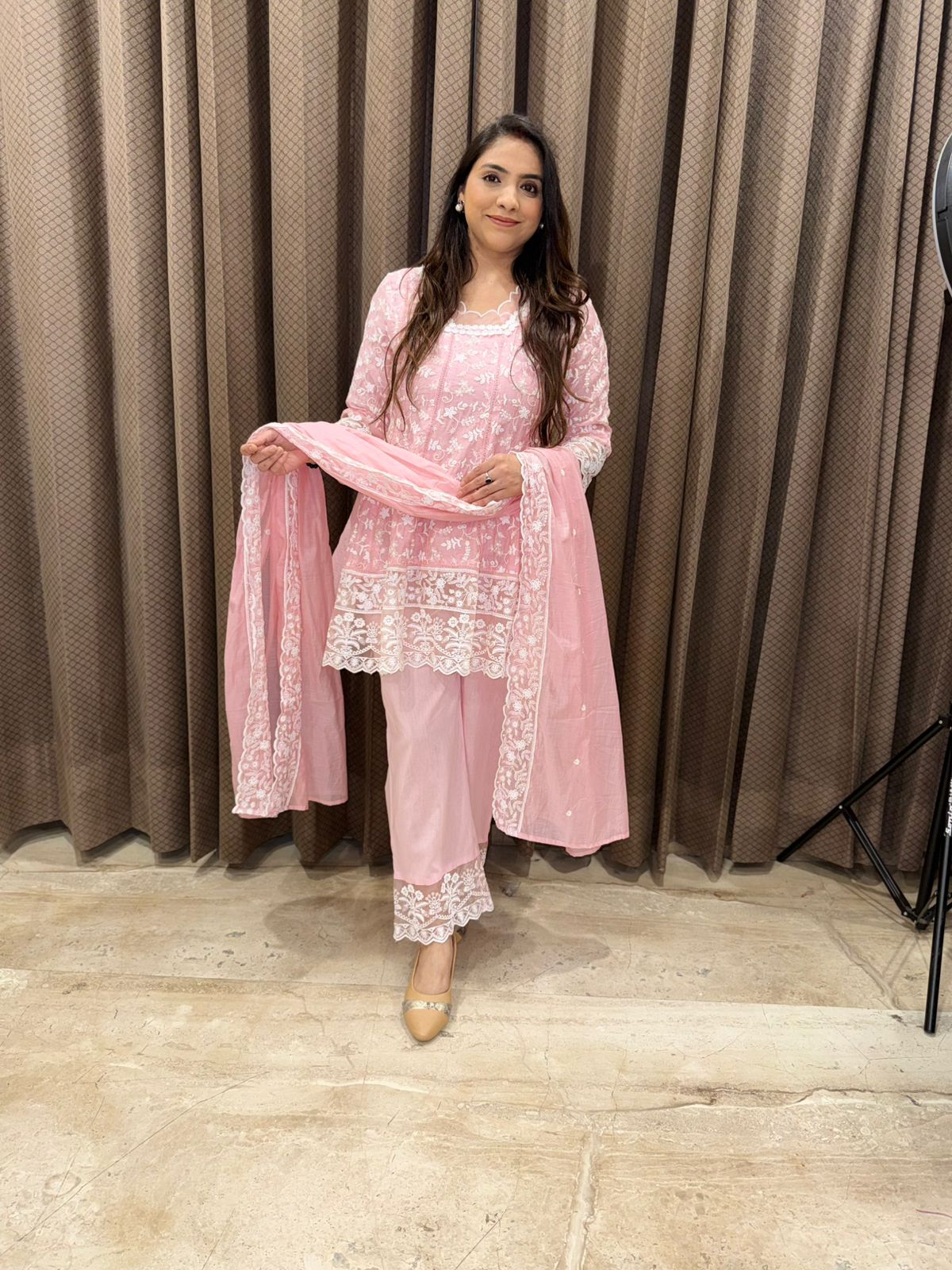 Baby pink & white Chikankari style kurta with dupatta