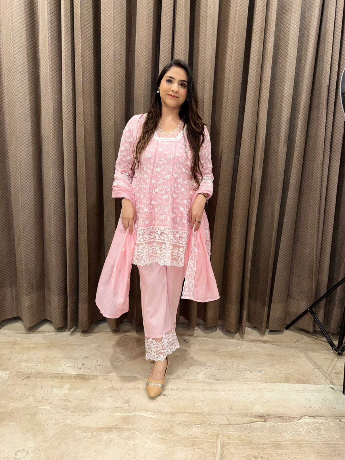 Baby pink & white Chikankari style kurta with dupatta