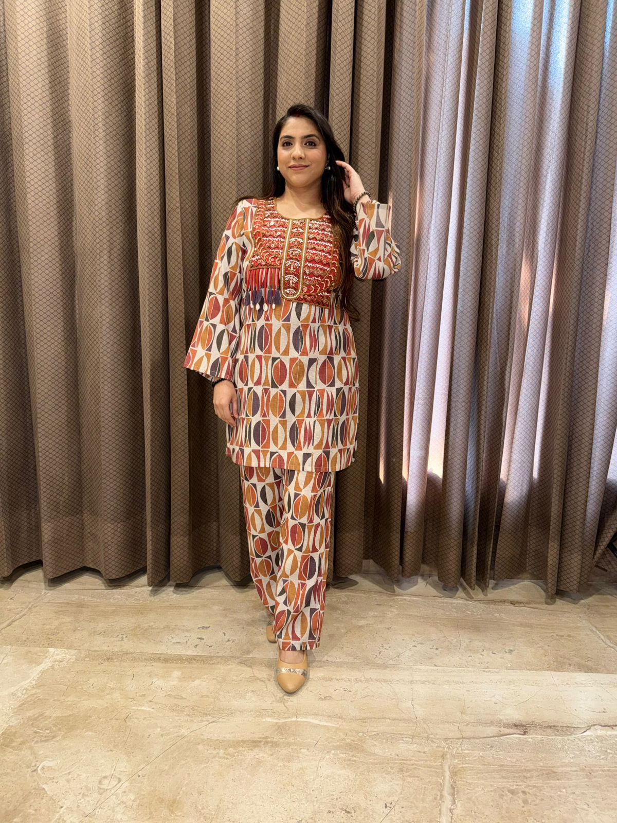 Rust Orange & Beige Geometric Printed Co-ord Set with Handwork