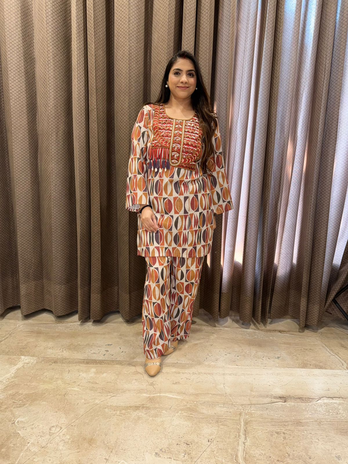 Rust Orange & Beige Geometric Printed Co-ord Set with Handwork