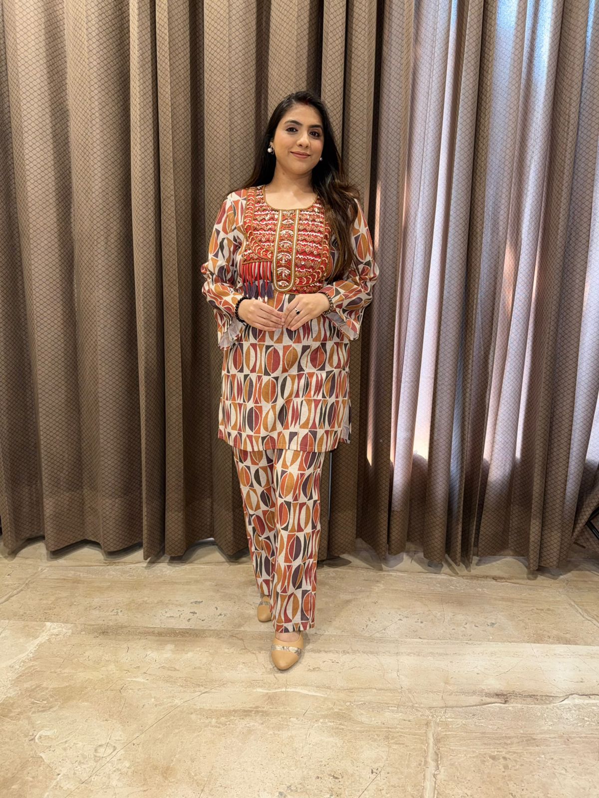 Rust Orange & Beige Geometric Printed Co-ord Set with Handwork