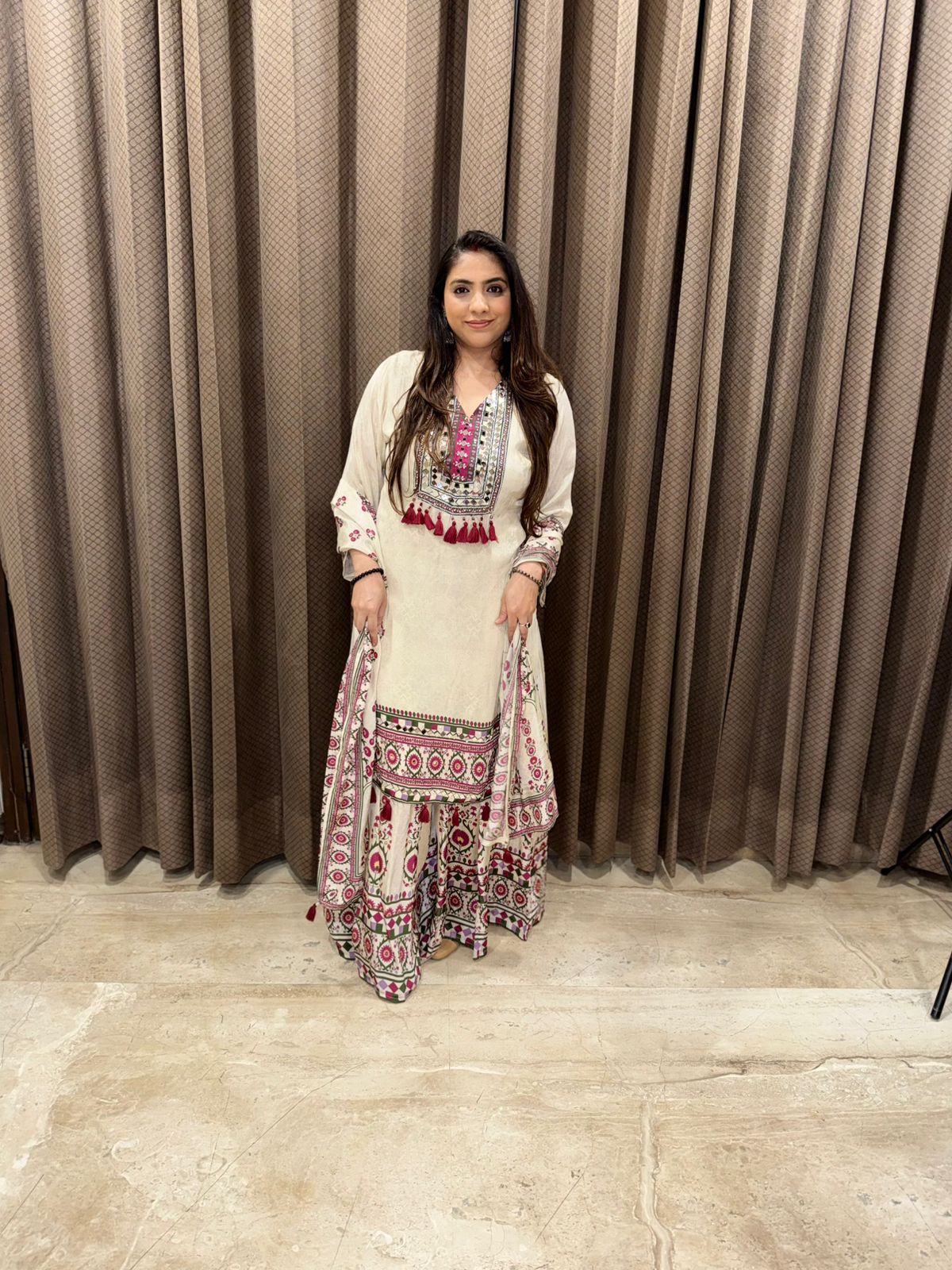 Ivory & Pink Heritage Print Sharara Set with Elegant Dupatta