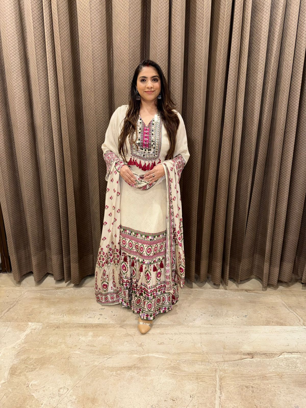 Ivory & Pink Heritage Print Sharara Set with Elegant Dupatta