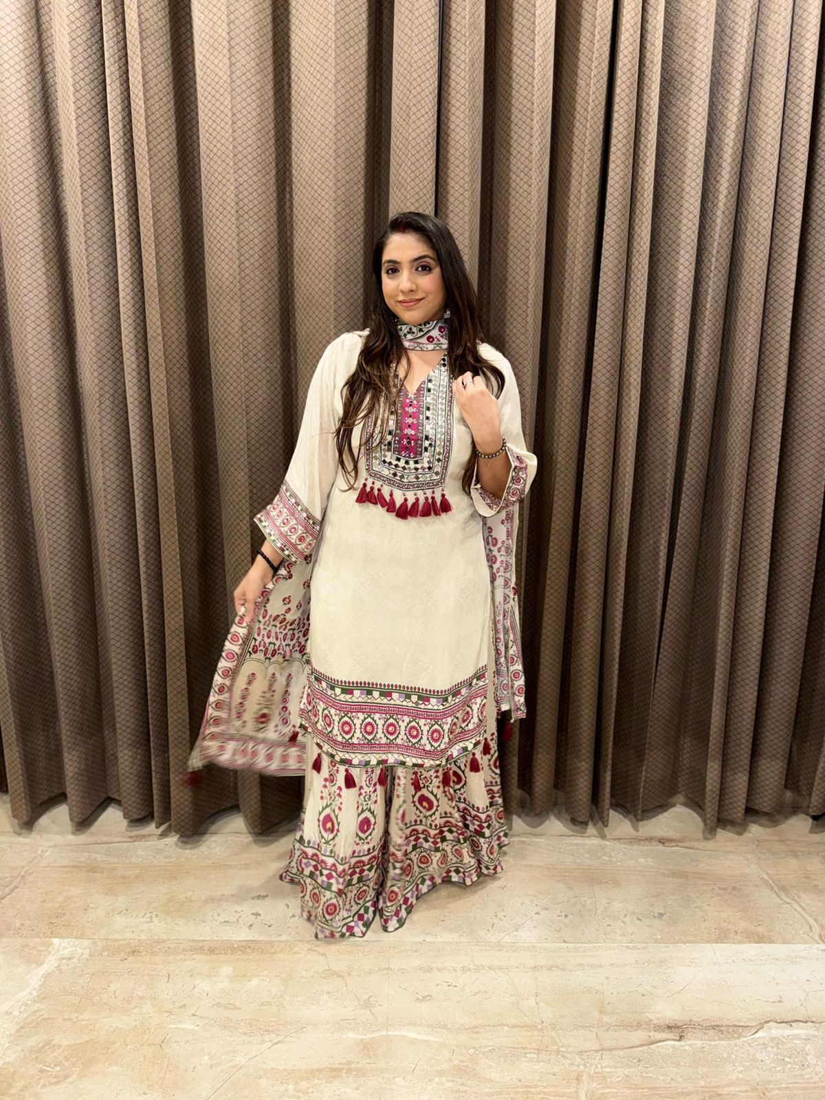 Ivory & Pink Heritage Print Sharara Set with Elegant Dupatta