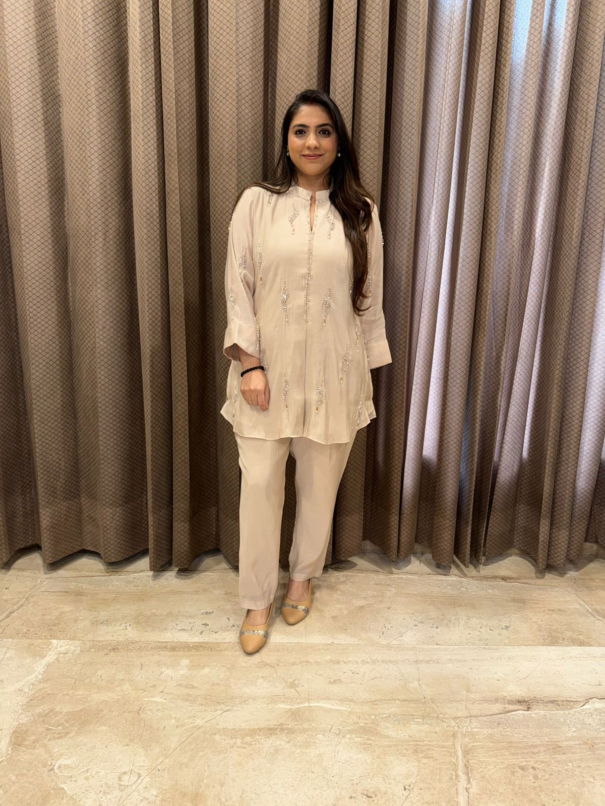 Beige Co-Ord Set with Pearl work Detailing