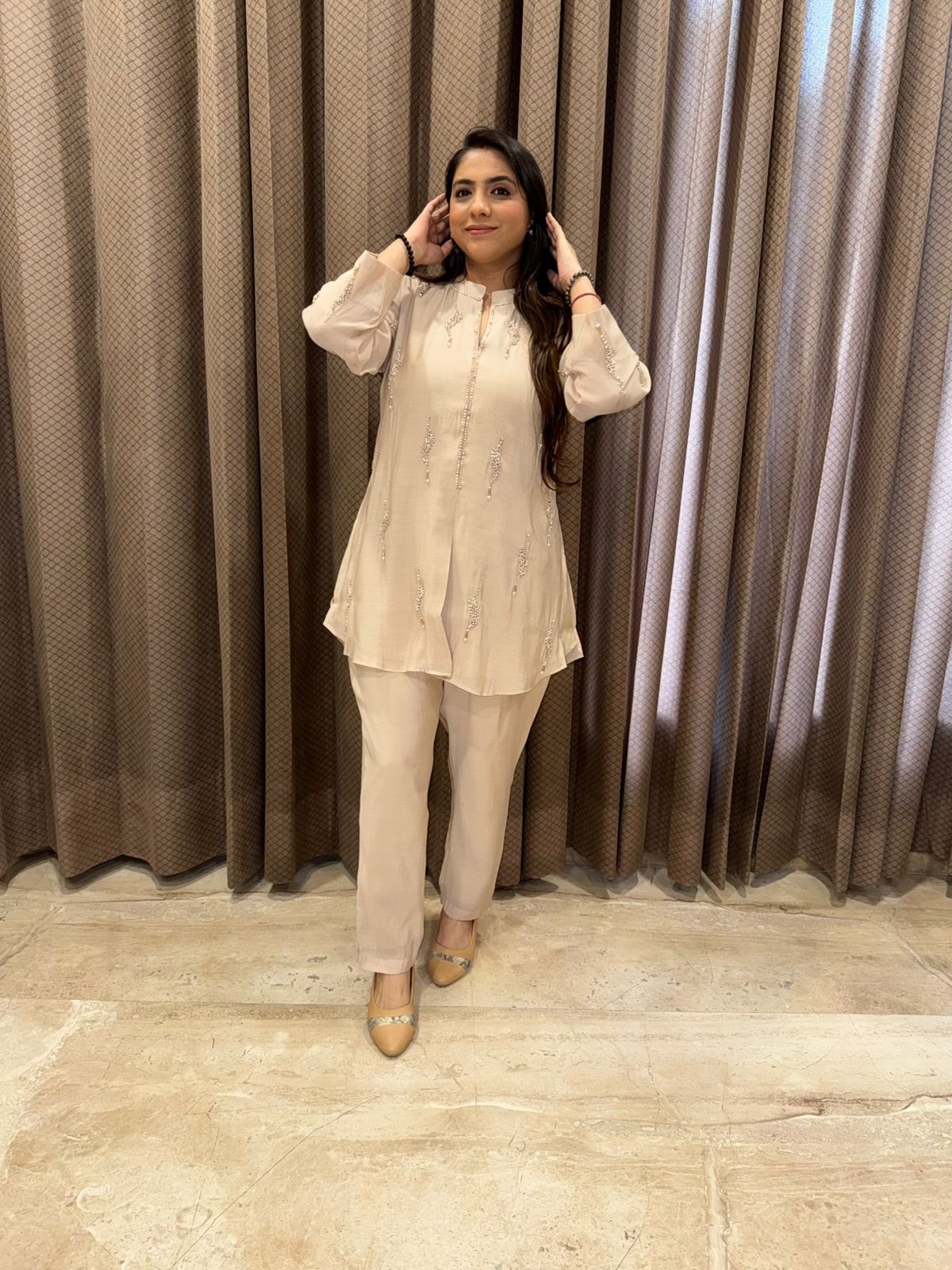 Beige Co-Ord Set with Pearl work Detailing