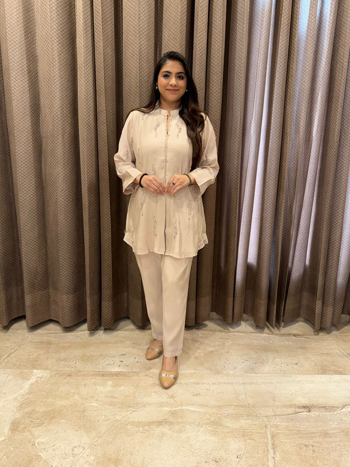 Beige Co-Ord Set with Pearl work Detailing