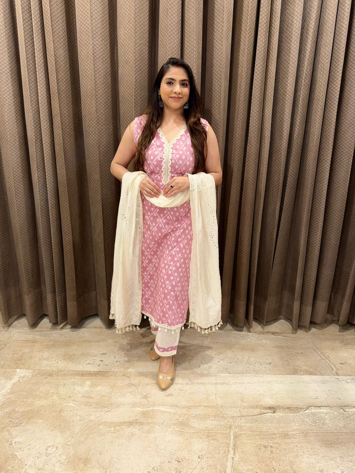 Designer Pink and White Cotton Straight suit with Dupatta