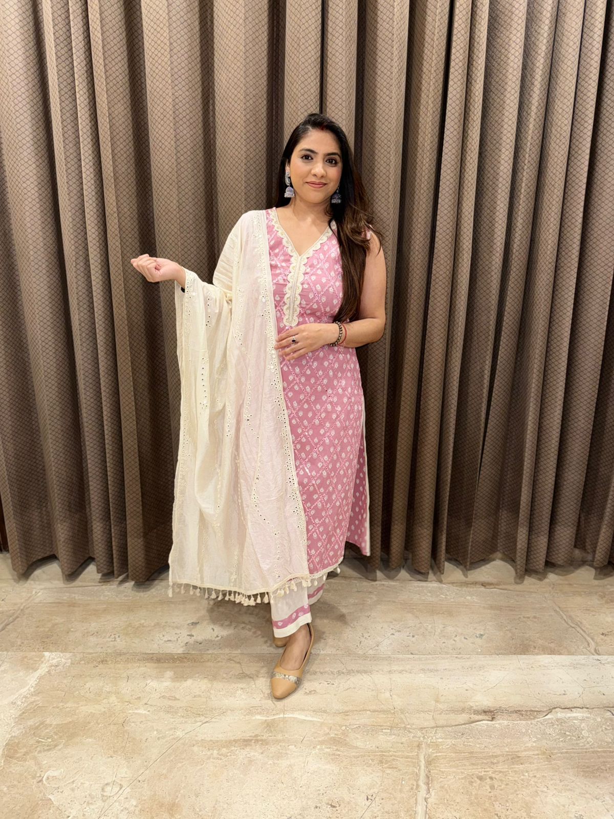 Designer Pink and White Cotton Straight suit with Dupatta