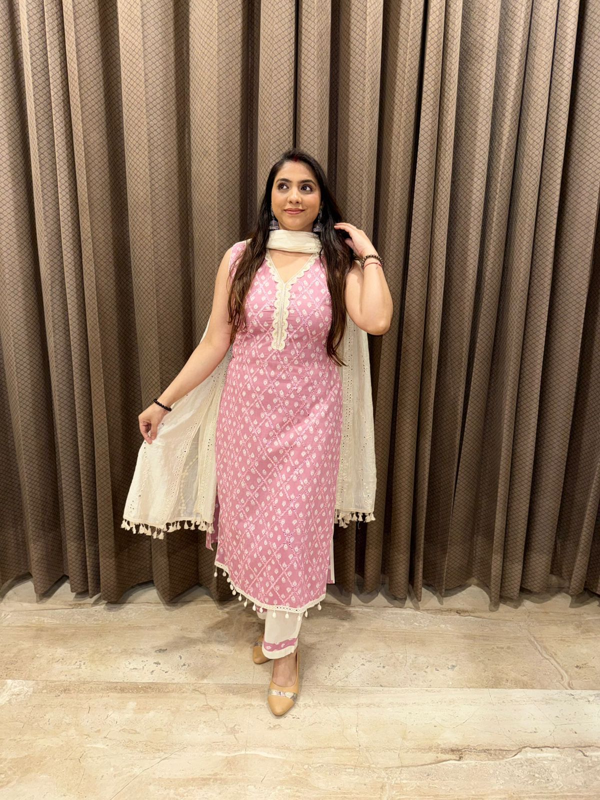Designer Pink and White Cotton Straight suit with Dupatta