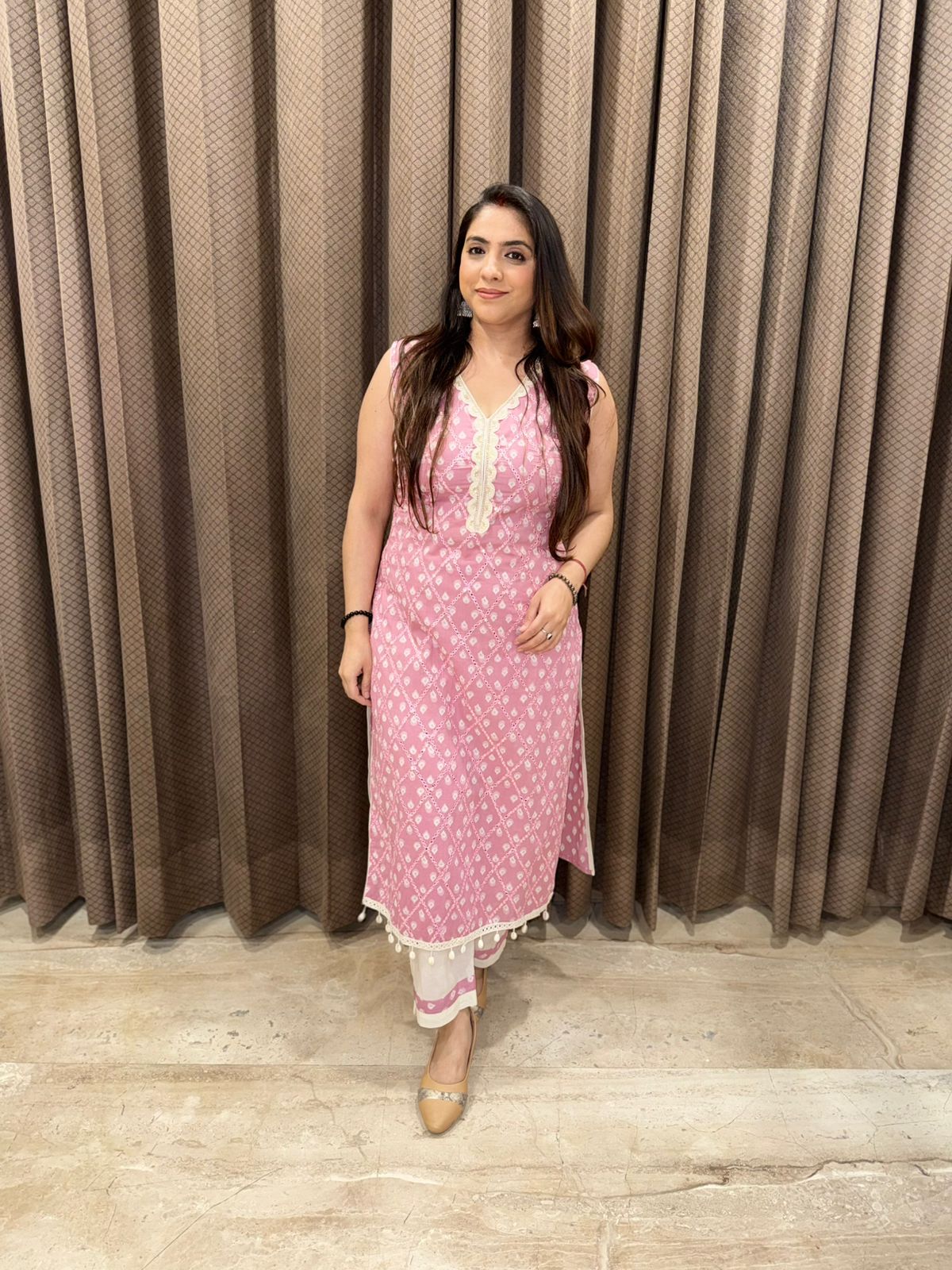 Designer Pink and White Cotton Straight suit with Dupatta