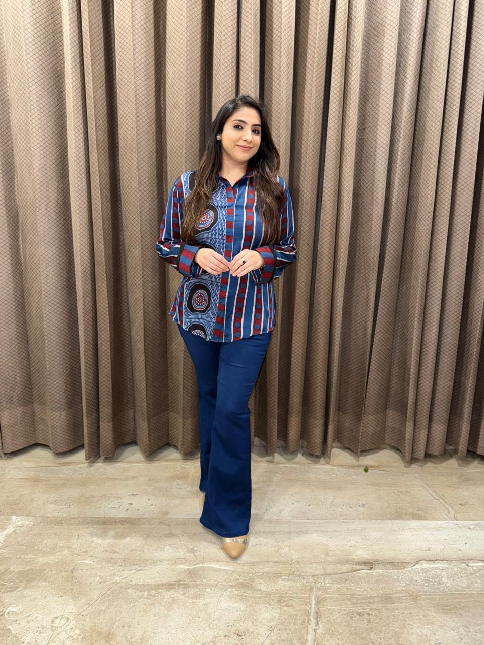 Premium Ajrakh print Denim look shirt