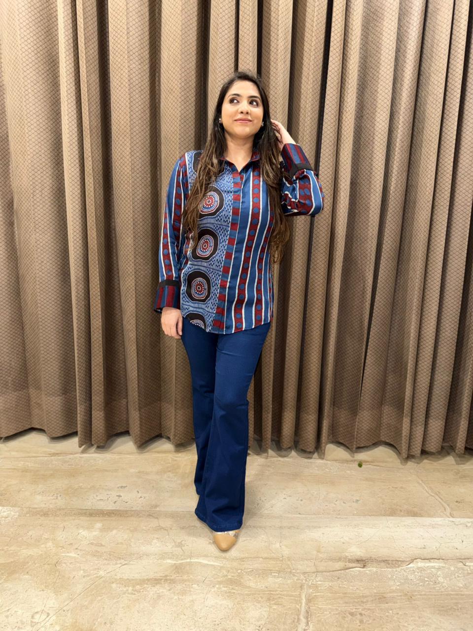 Premium Ajrakh print Denim look shirt