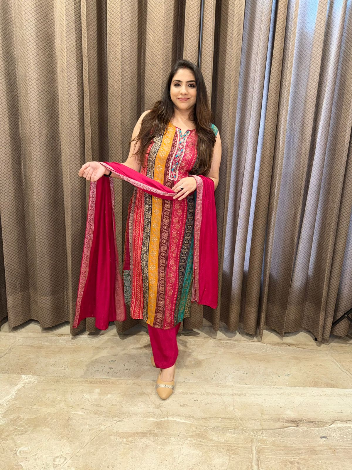 Vibrant Multicolor Straight Kurta with Pink Pants & Dupatta