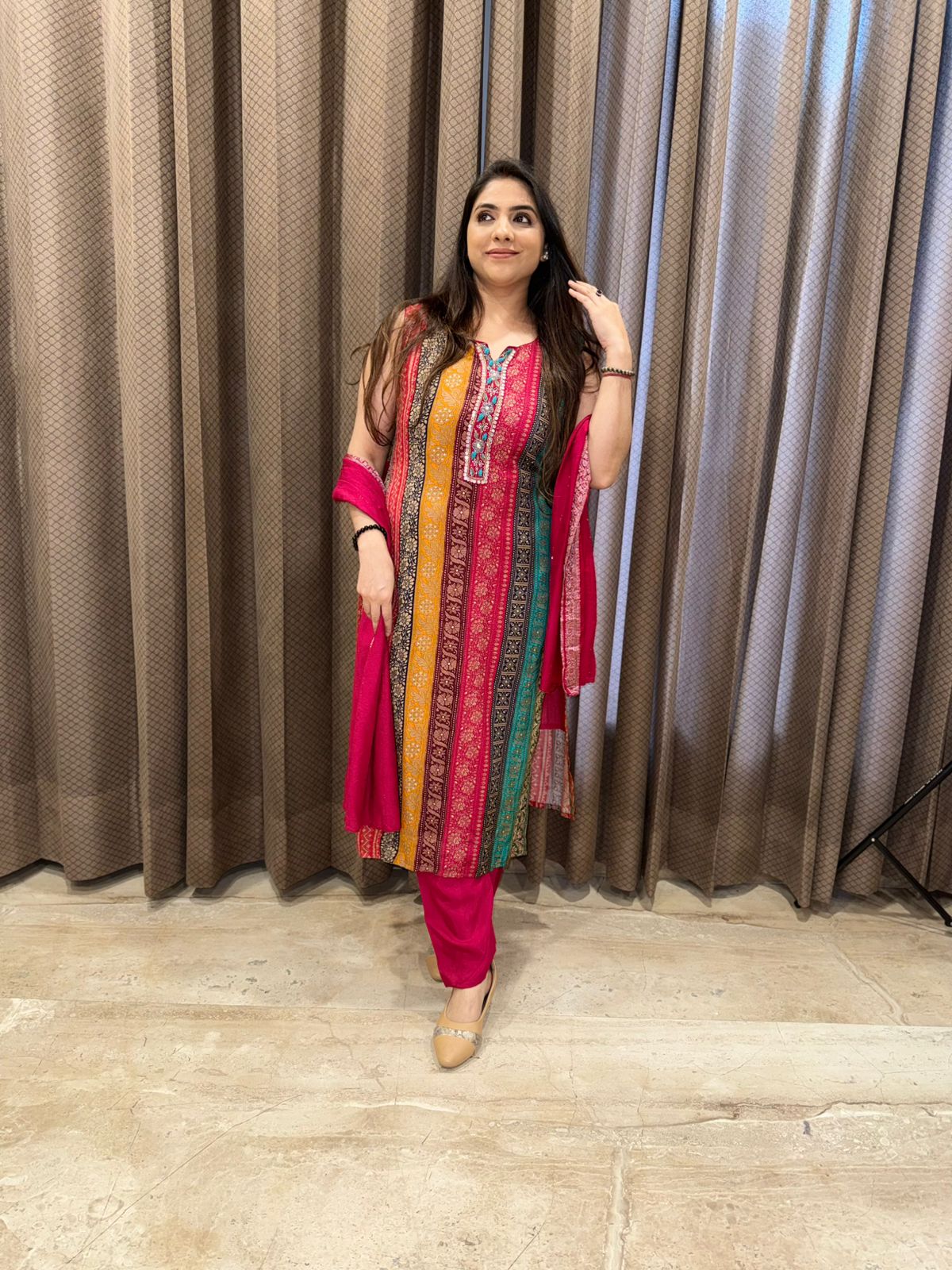 Vibrant Multicolor Straight Kurta with Pink Pants & Dupatta