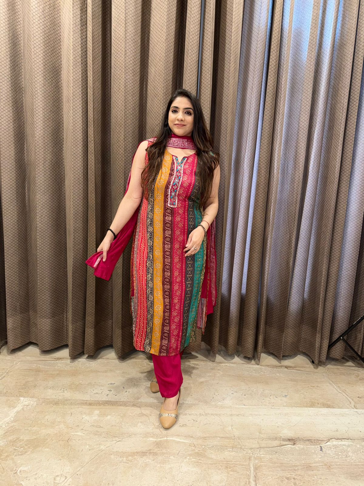 Vibrant Multicolor Straight Kurta with Pink Pants & Dupatta