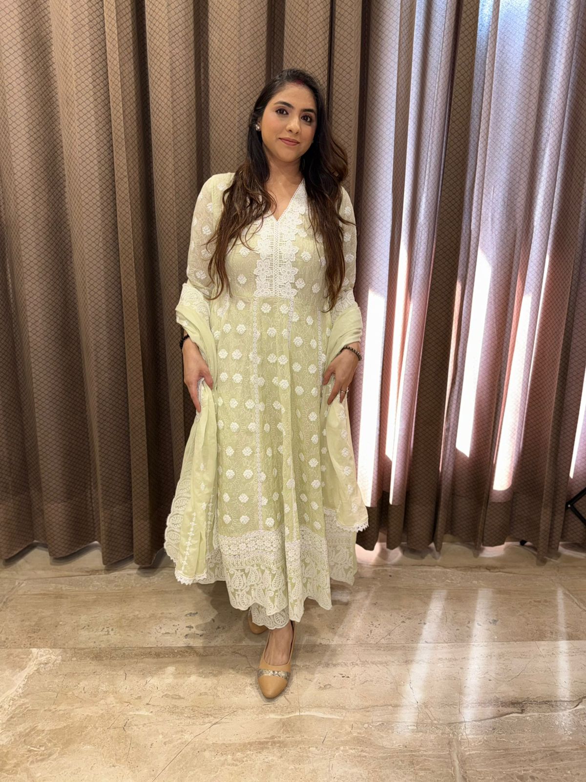 Elegant Pastel Green Mul Cotton Lucknavi Anarkali with Dupatta